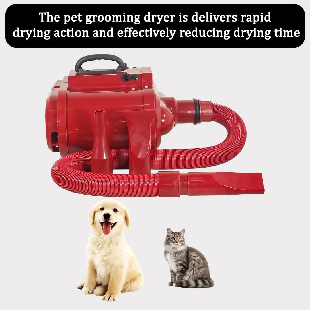 دستگاه خشک کن مو سگ NNC PETS - کیت جاروبرقی و خشک کن مو حیوانات خانگی - سشوار و دمنده مو سگ - 240 ولت قدرتمند با سرعت و حرارت قابل تنظیم، کم صدا - 3 نازل - دسته قابل حمل - جنس ABS (قرمز)