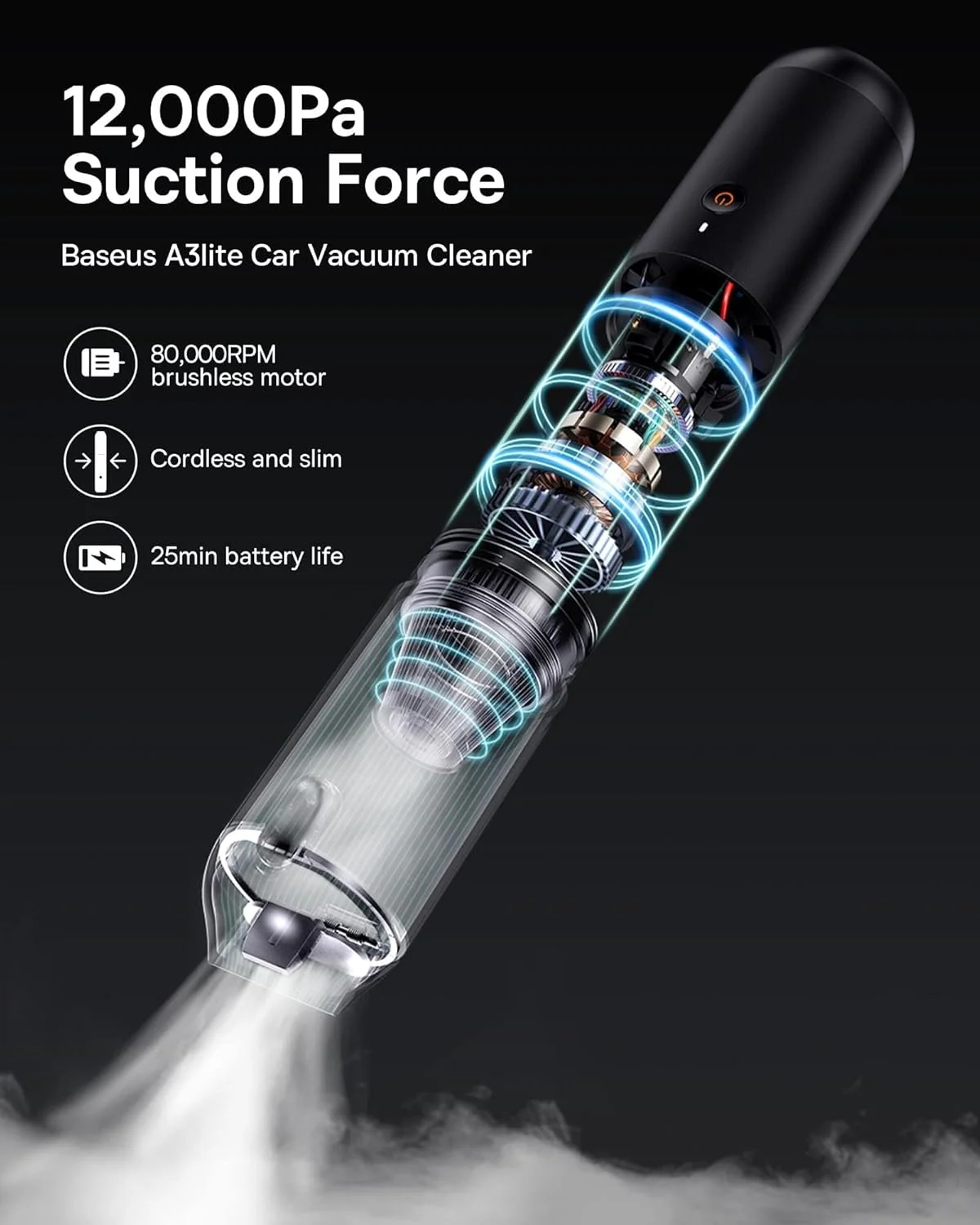 جاروبرقی خودرو بیسوس مدل A3 Lite با قدرت بالا، جاروبرقی دستی 12000PA با تخلیه آسان، شارژ سریع USB C، جاروبرقی دستی کوچک 4 در 1، دمنده هوا، پمپ باد و گردگیر برای خودرو، خانه و دفتر