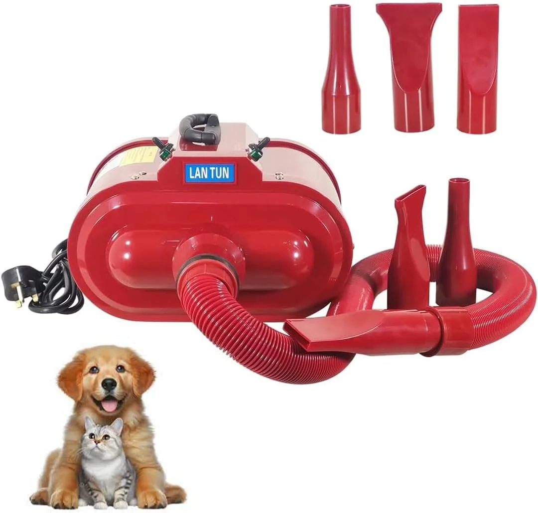 دستگاه خشک کن مو سگ NNC PETS - کیت جاروبرقی و خشک کن مو حیوانات خانگی - سشوار و دمنده مو سگ - 240 ولت قدرتمند با سرعت و حرارت قابل تنظیم، کم صدا - 3 نازل - دسته قابل حمل - جنس ABS (قرمز)