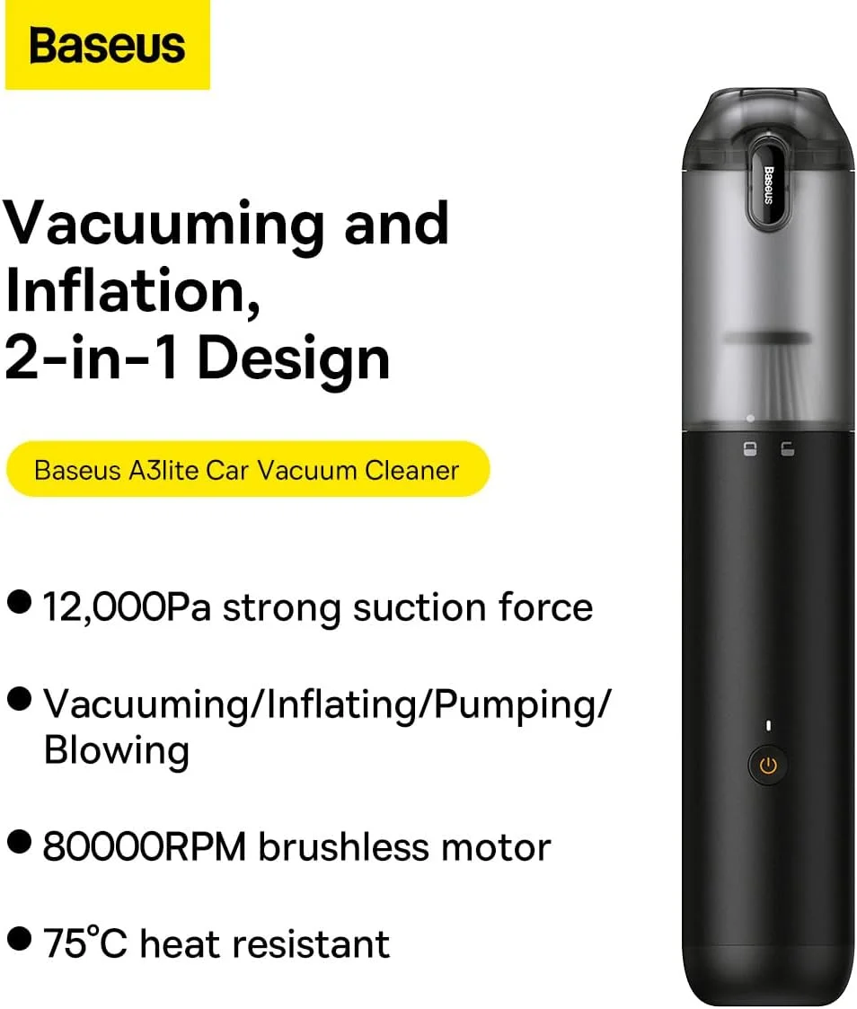 جاروبرقی خودرو بیسوس مدل A3 Lite با قدرت بالا، جاروبرقی دستی 12000PA با تخلیه آسان، شارژ سریع USB C، جاروبرقی دستی کوچک 4 در 1، دمنده هوا، پمپ باد و گردگیر برای خودرو، خانه و دفتر