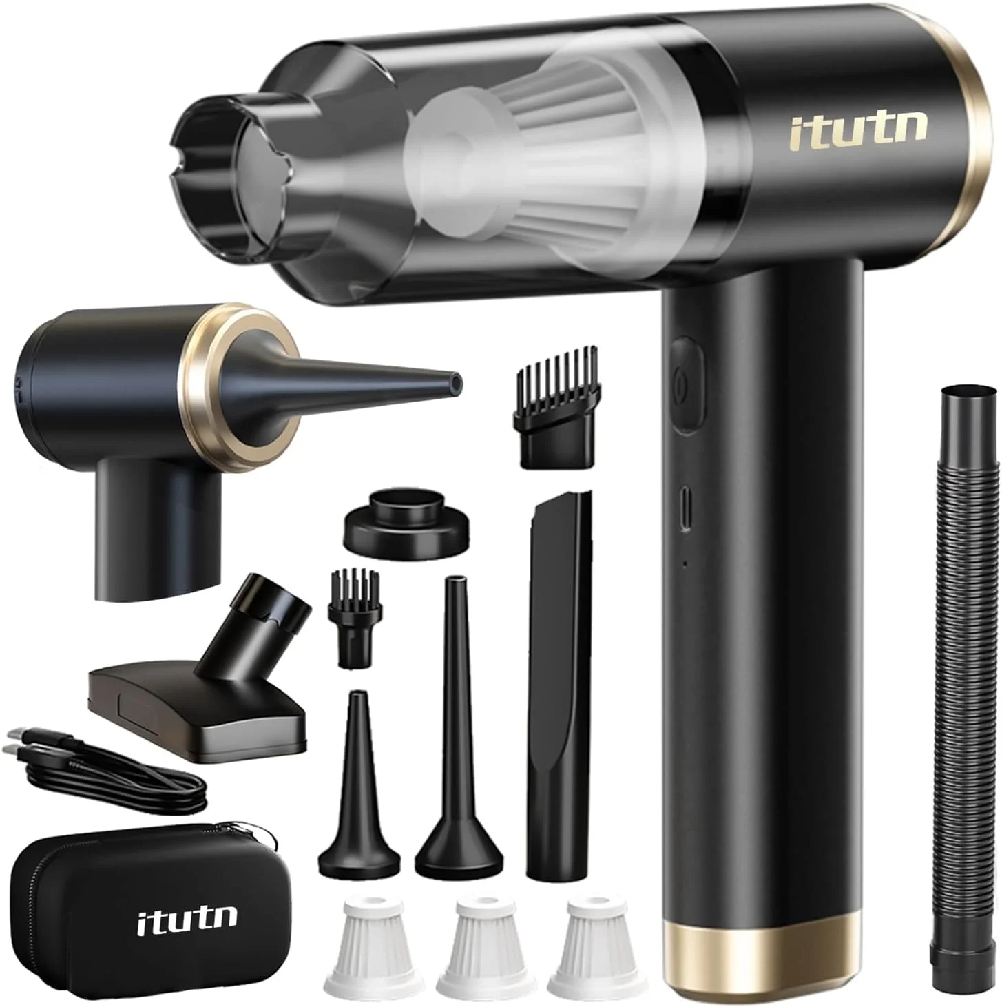 جاروبرقی کوچک خودرو itutn، مکش قدرتمند 15000PA، جاروبرقی بی سیم قابل حمل برای خودرو، جاروبرقی کوچک دستی و دمنده هوا برای خانه، میز، کامپیوتر، کیبورد (جاروبرقی کوچک + 11 ضمیمه)