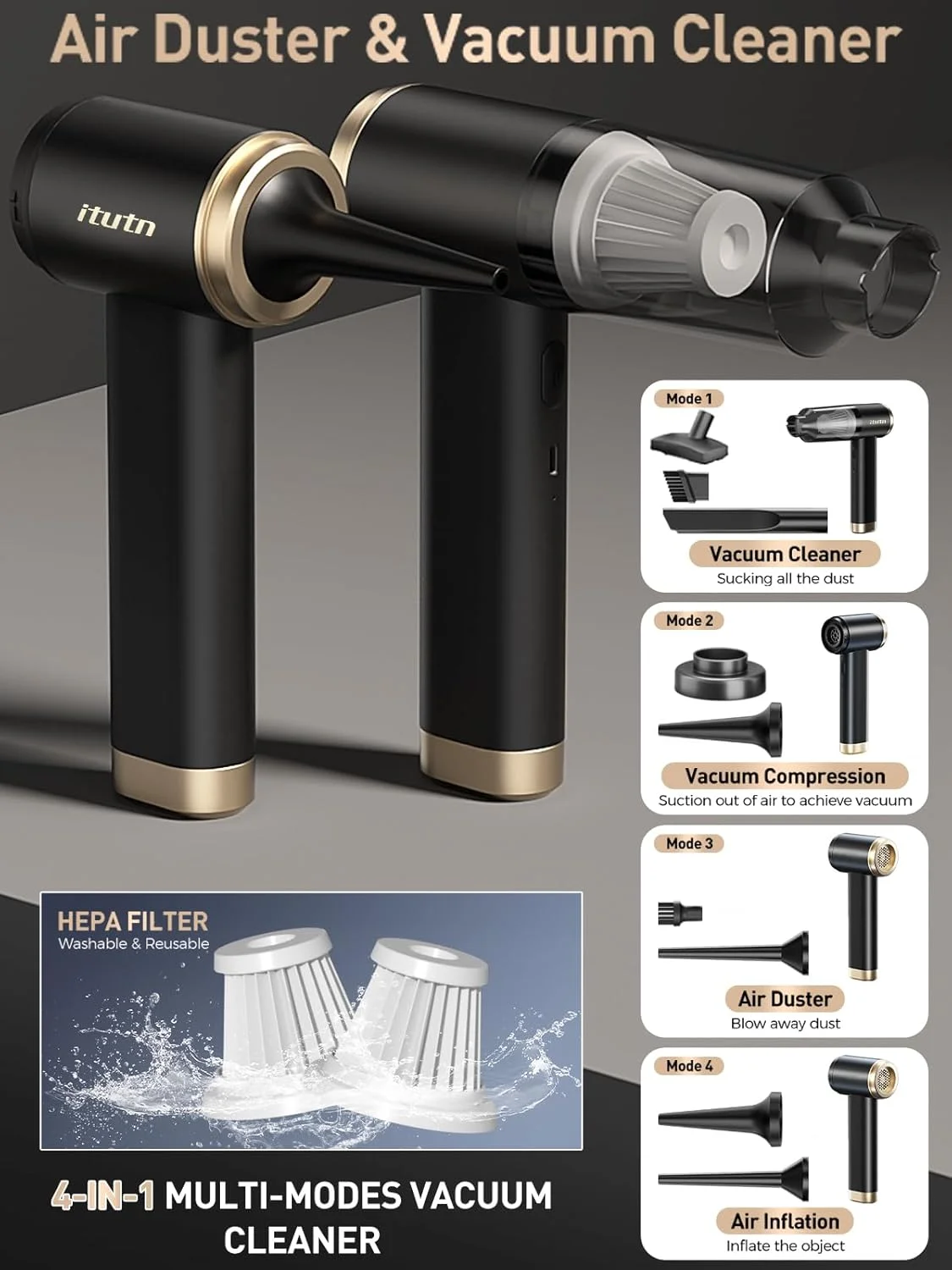 جاروبرقی کوچک خودرو itutn، مکش قدرتمند 15000PA، جاروبرقی بی سیم قابل حمل برای خودرو، جاروبرقی کوچک دستی و دمنده هوا برای خانه، میز، کامپیوتر، کیبورد (جاروبرقی کوچک + 11 ضمیمه)