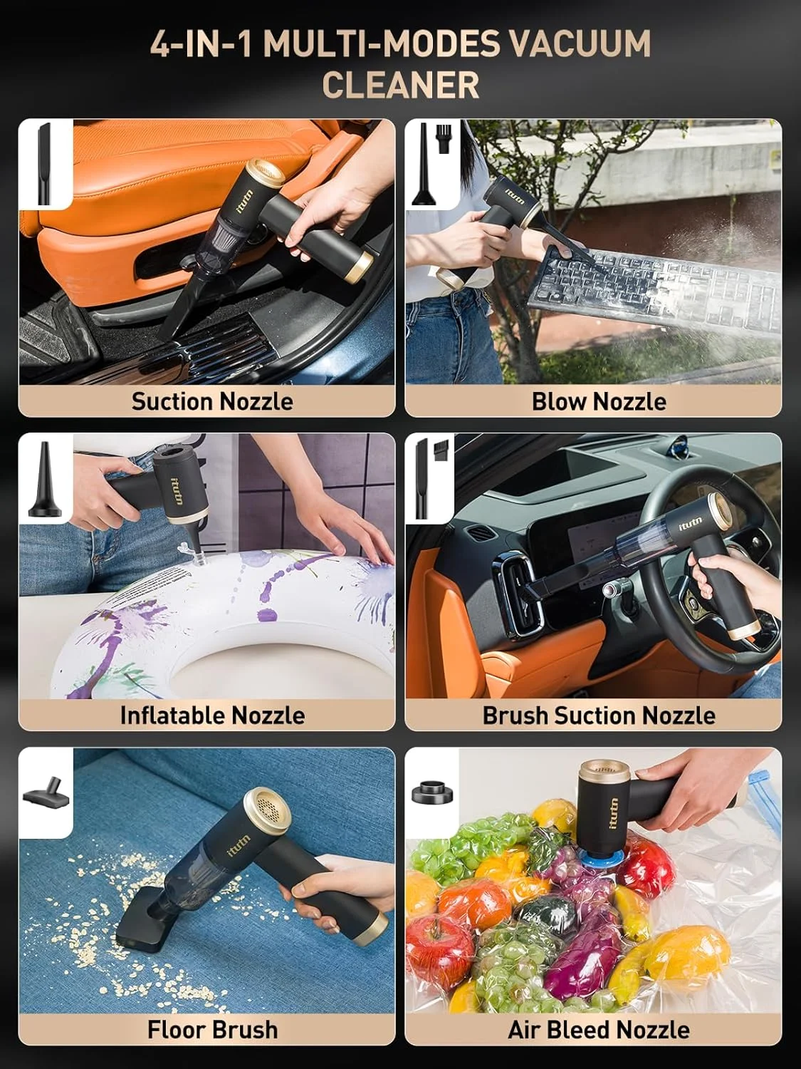 جاروبرقی کوچک خودرو itutn، مکش قدرتمند 15000PA، جاروبرقی بی سیم قابل حمل برای خودرو، جاروبرقی کوچک دستی و دمنده هوا برای خانه، میز، کامپیوتر، کیبورد (جاروبرقی کوچک + 11 ضمیمه)