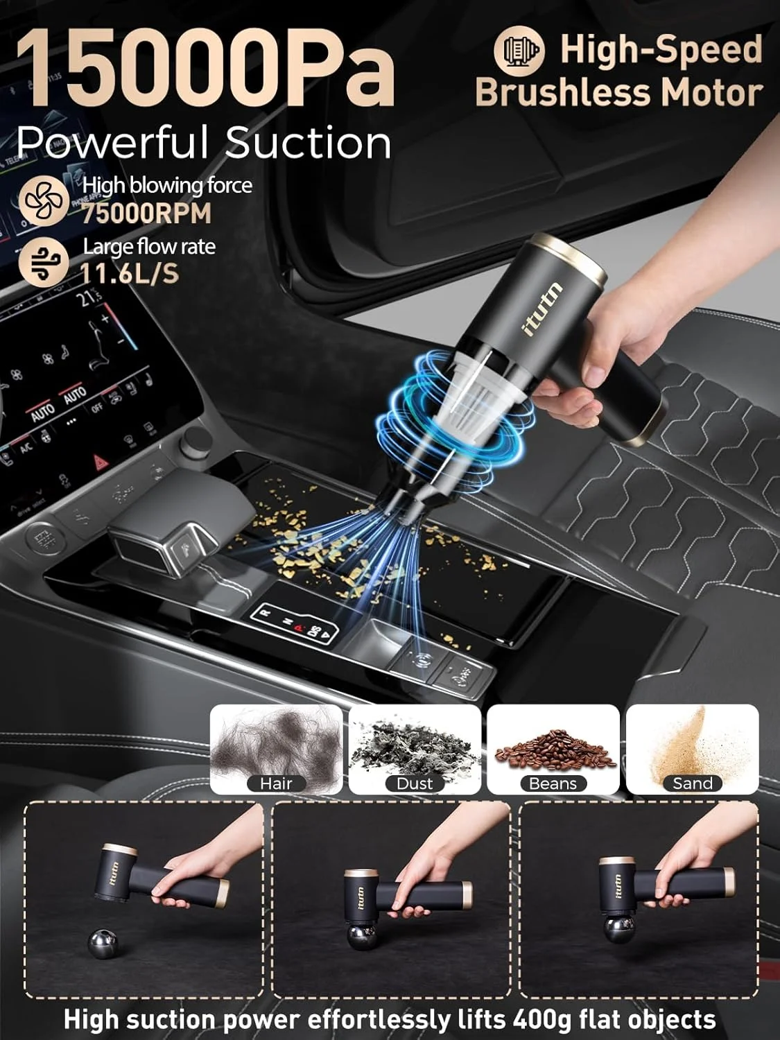 جاروبرقی کوچک خودرو itutn، مکش قدرتمند 15000PA، جاروبرقی بی سیم قابل حمل برای خودرو، جاروبرقی کوچک دستی و دمنده هوا برای خانه، میز، کامپیوتر، کیبورد (جاروبرقی کوچک + 11 ضمیمه)