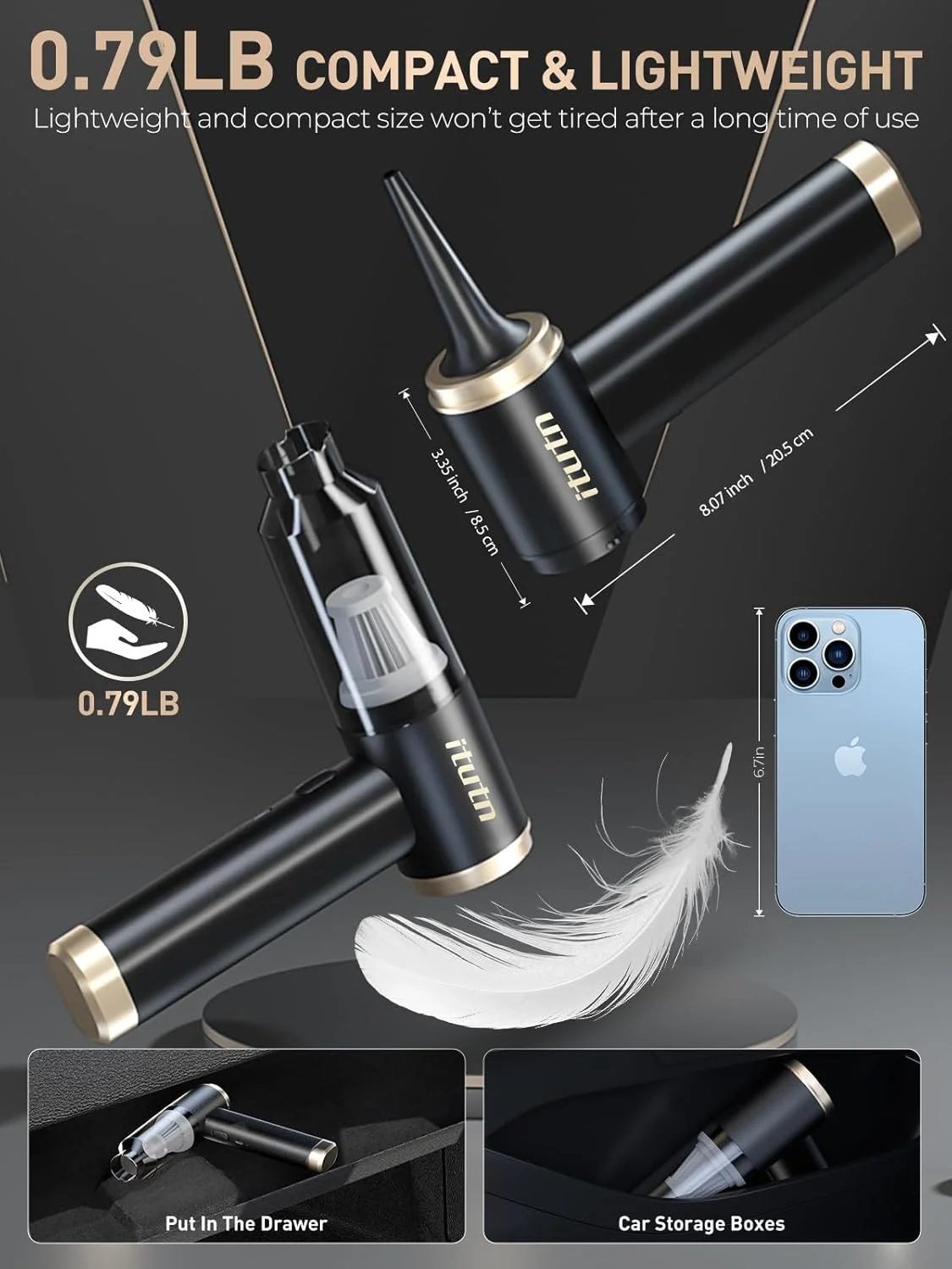 جاروبرقی کوچک خودرو itutn، مکش قدرتمند 15000PA، جاروبرقی بی سیم قابل حمل برای خودرو، جاروبرقی کوچک دستی و دمنده هوا برای خانه، میز، کامپیوتر، کیبورد (جاروبرقی کوچک + 11 ضمیمه)