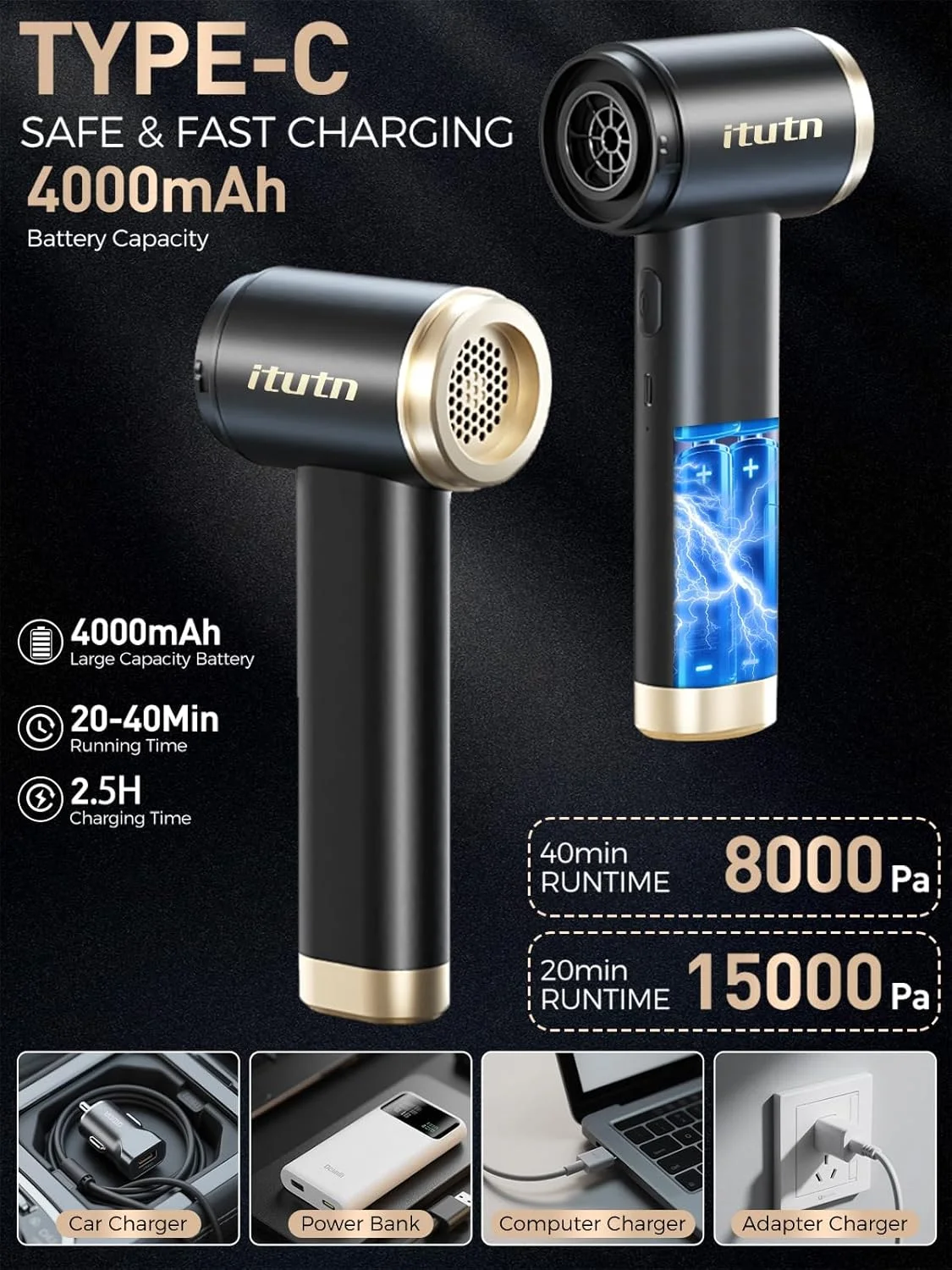جاروبرقی کوچک خودرو itutn، مکش قدرتمند 15000PA، جاروبرقی بی سیم قابل حمل برای خودرو، جاروبرقی کوچک دستی و دمنده هوا برای خانه، میز، کامپیوتر، کیبورد (جاروبرقی کوچک + 11 ضمیمه)