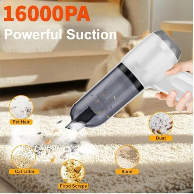 جاروبرقی دستی بی سیم و دمنده هوا، گردگیر شارژی با قدرت بالای 16000pa، پمپ دستی/جاروبرقی قابل حمل برای تمیز کردن خودرو و منزل