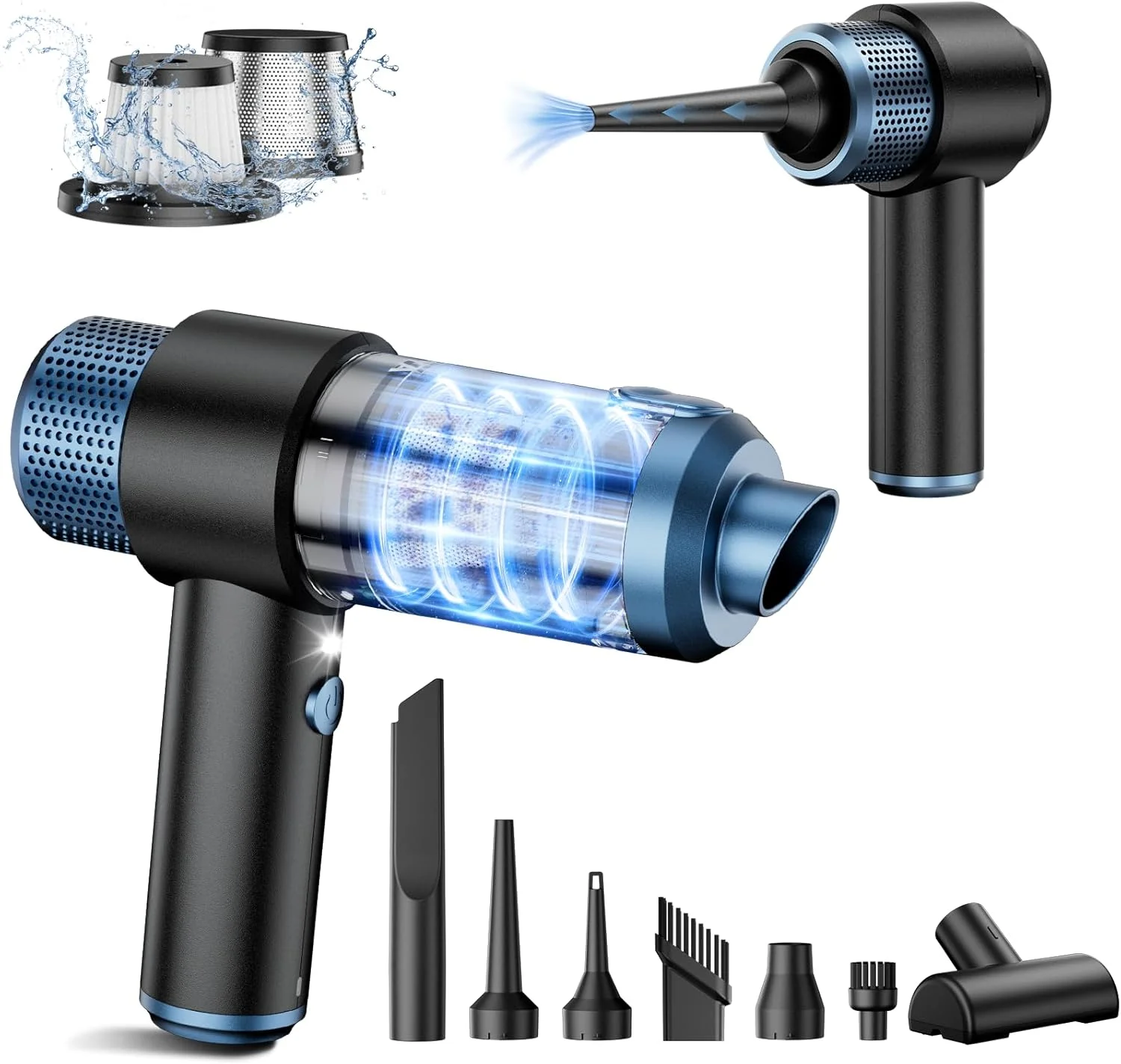 جاروبرقی دستی شارژی خودرو EYYA، مکش قدرتمند 15000PA و گردگیر هوا، جاروبرقی کوچک قابل حمل 4 در 1 با چراغ LED، جاروبرقی دستی برای خودرو، خانه و دفتر