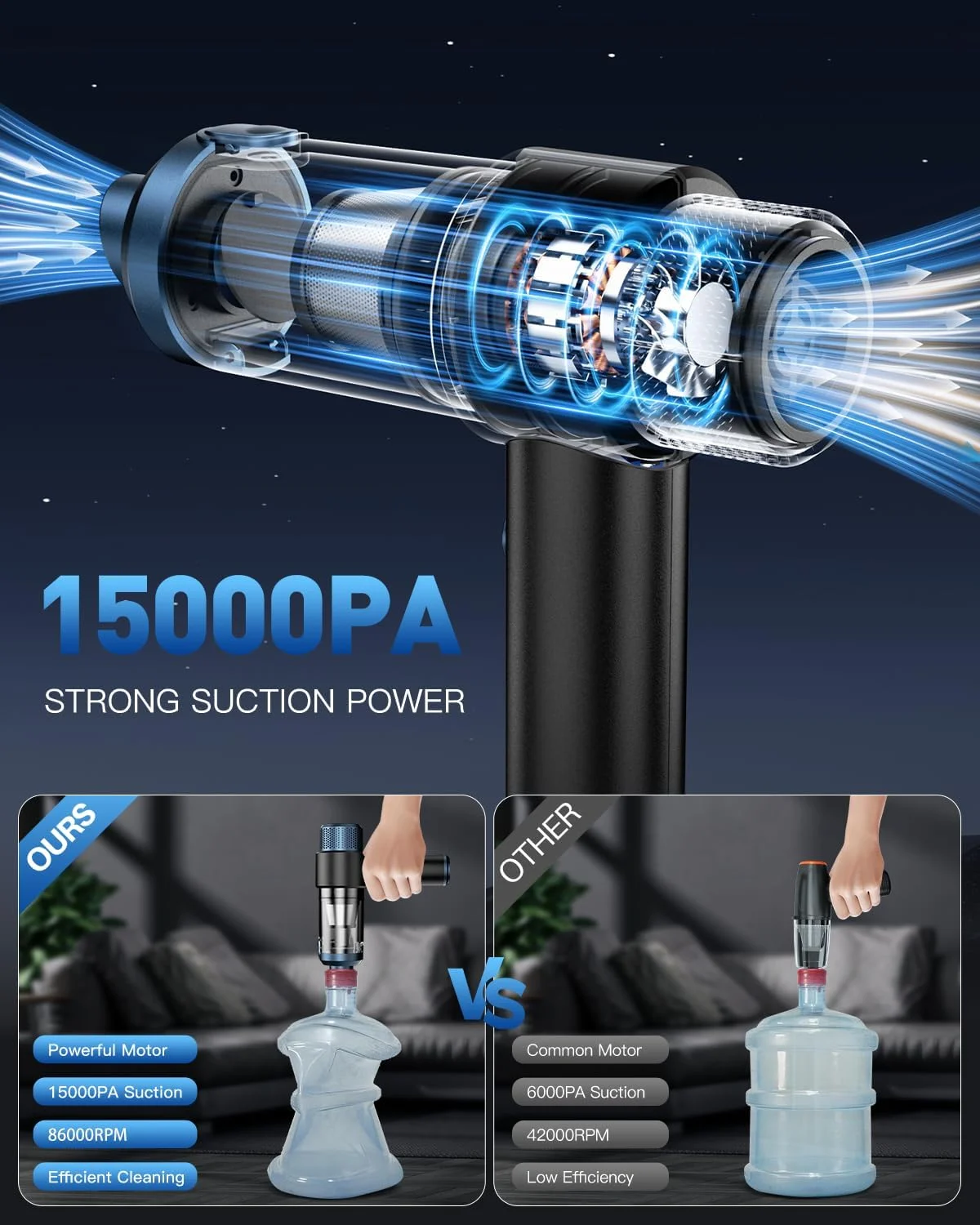 جاروبرقی دستی شارژی خودرو EYYA، مکش قدرتمند 15000PA و گردگیر هوا، جاروبرقی کوچک قابل حمل 4 در 1 با چراغ LED، جاروبرقی دستی برای خودرو، خانه و دفتر