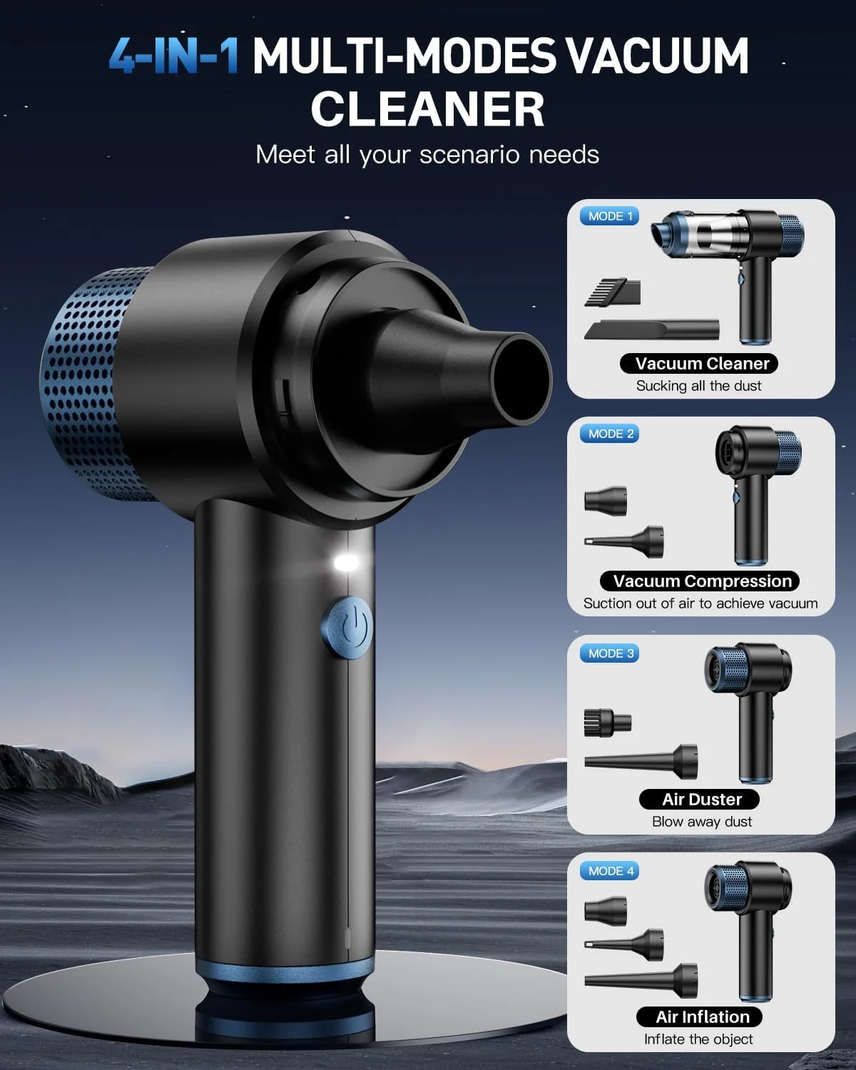 جاروبرقی دستی شارژی خودرو EYYA، مکش قدرتمند 15000PA و گردگیر هوا، جاروبرقی کوچک قابل حمل 4 در 1 با چراغ LED، جاروبرقی دستی برای خودرو، خانه و دفتر