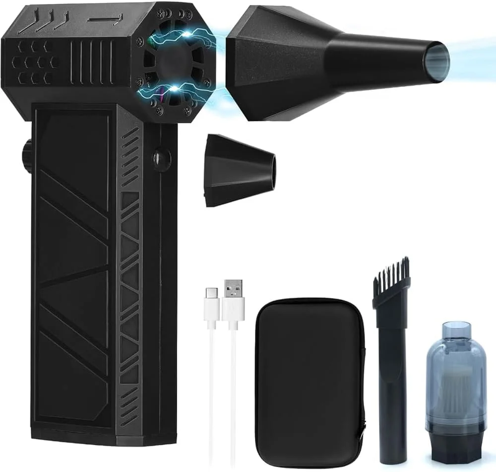 فن توربو قابل حمل HEXAR® با کیت جاروبرقی، فن دمنده 140000 دور در دقیقه، فن دمنده کوچک با باتری 6000 میلی آمپر ساعتی، تمیز کردن کارآمد جاروبرقی برای اتومبیل، کامپیوتر، مبل، شارژ سریع Type C (کیت جاروبرقی)
