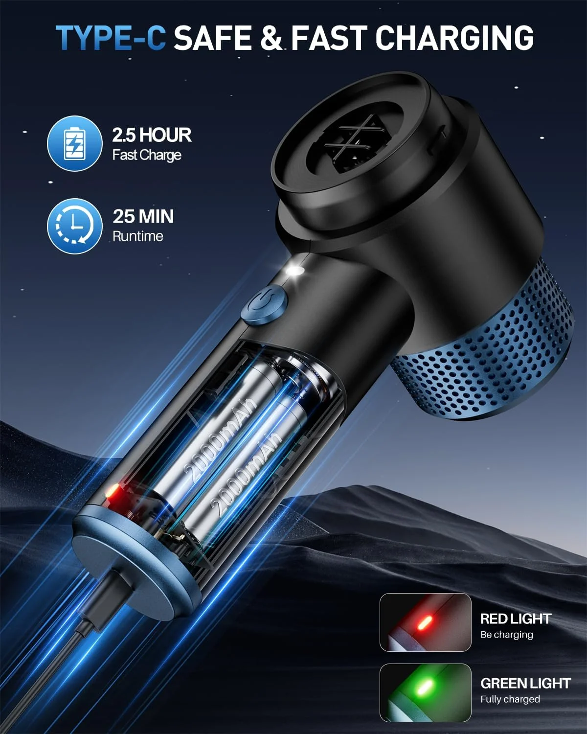 جاروبرقی دستی شارژی خودرو EYYA، مکش قدرتمند 15000PA و گردگیر هوا، جاروبرقی کوچک قابل حمل 4 در 1 با چراغ LED، جاروبرقی دستی برای خودرو، خانه و دفتر