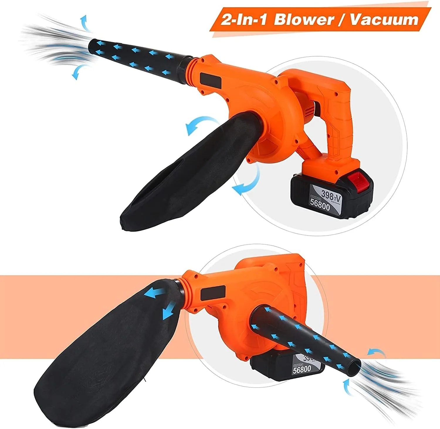 دمنده برگ بی سیم KKMNDE، دمنده برگ بی سیم و مکنده، با باتری لیتیومی، جاروبرقی برقی 2 در 1، جارو برای پاکسازی گرد و غبار، برگ و برف، دمنده و مکنده