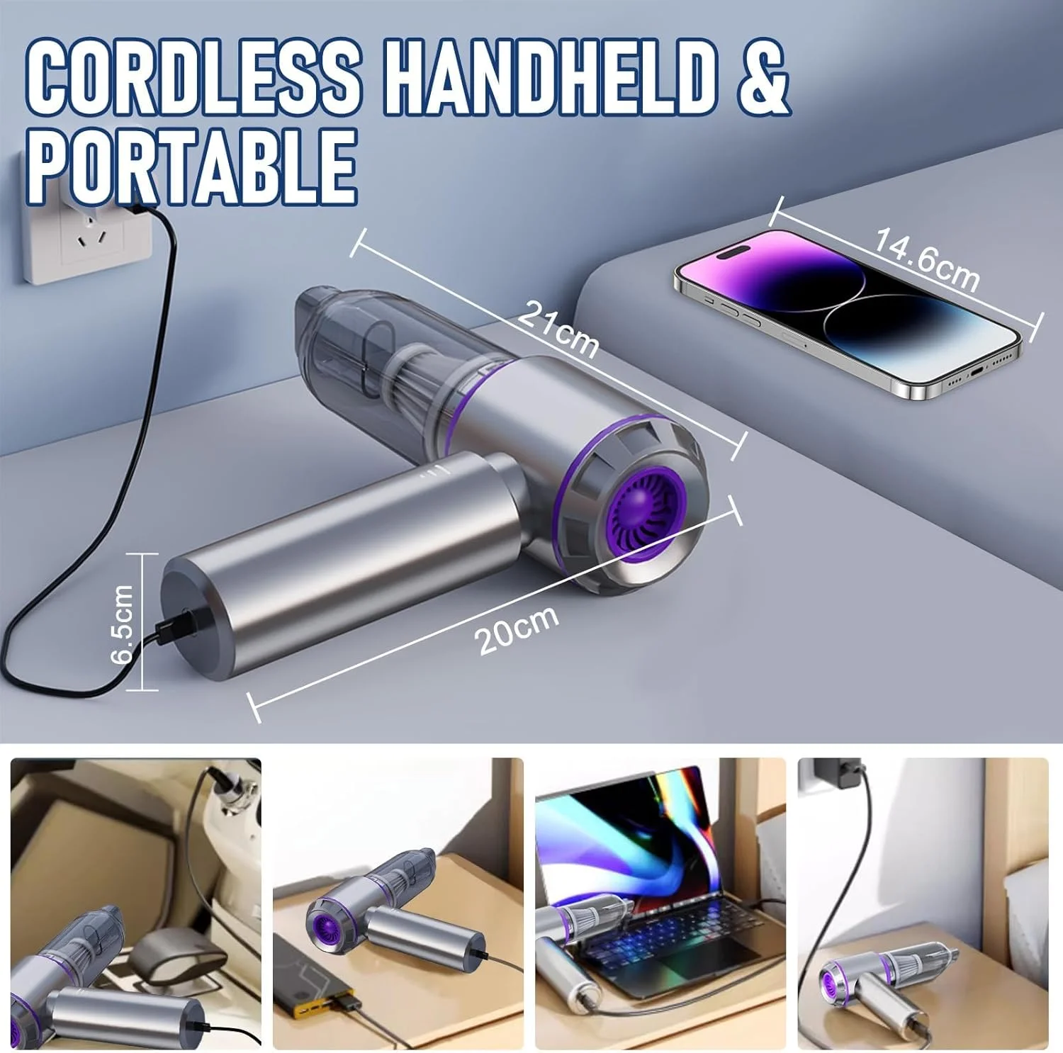 جاروبرقی خودرو KASTWAVE، قابل حمل، بی سیم، قدرت بالا 20000PA، جاروبرقی کوچک 4 در 1، دمنده و پمپ هوا، جاروبرقی دستی با موتور براشلس برای خودرو، خانه، دفتر، حیوان خانگی، کمپینگ