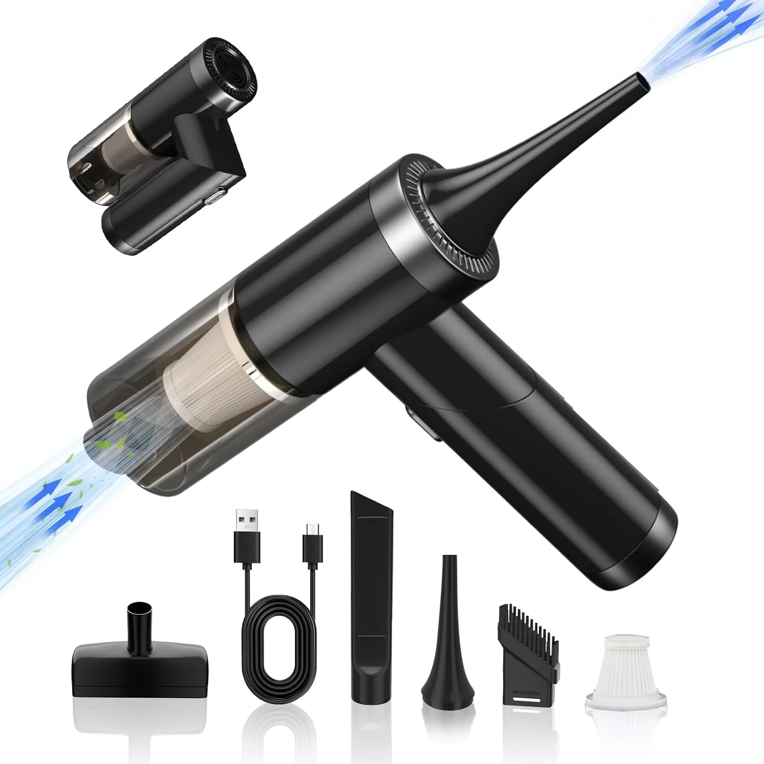 جاروبرقی و دمنده هوای 2 در 1 Xoopla، دمنده هوای فشرده تاشو، جاروبرقی دستی قابل حمل شارژی، تمیز کننده بی سیم صفحه کلید، دمنده هوا و جاروبرقی کوچک برای ماشین/کامپیوتر/خانه - مشکی