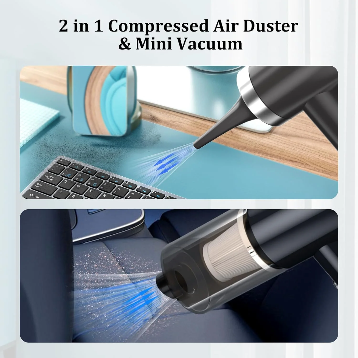 جاروبرقی و دمنده هوای 2 در 1 Xoopla، دمنده هوای فشرده تاشو، جاروبرقی دستی قابل حمل شارژی، تمیز کننده بی سیم صفحه کلید، دمنده هوا و جاروبرقی کوچک برای ماشین/کامپیوتر/خانه - مشکی