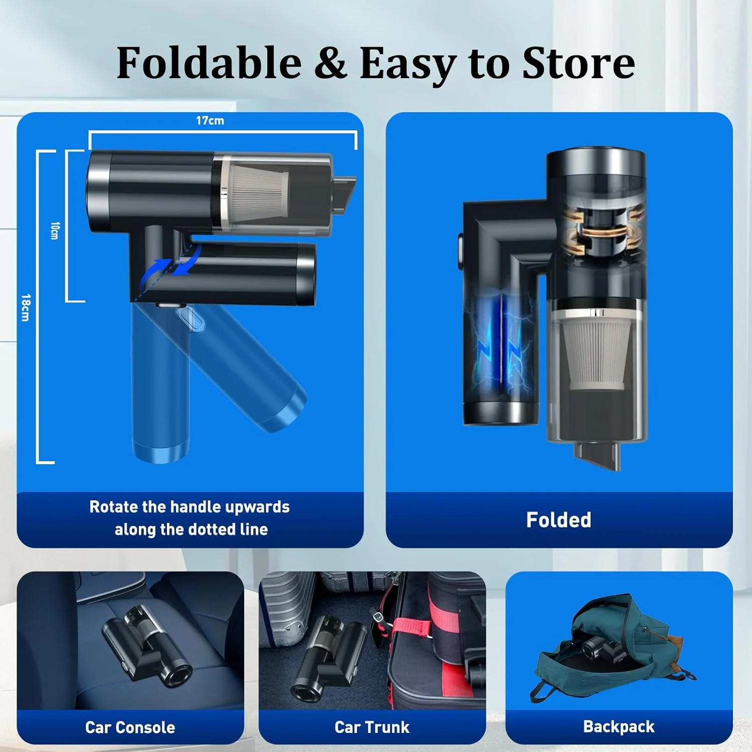 جاروبرقی و دمنده هوای 2 در 1 Xoopla، دمنده هوای فشرده تاشو، جاروبرقی دستی قابل حمل شارژی، تمیز کننده بی سیم صفحه کلید، دمنده هوا و جاروبرقی کوچک برای ماشین/کامپیوتر/خانه - مشکی