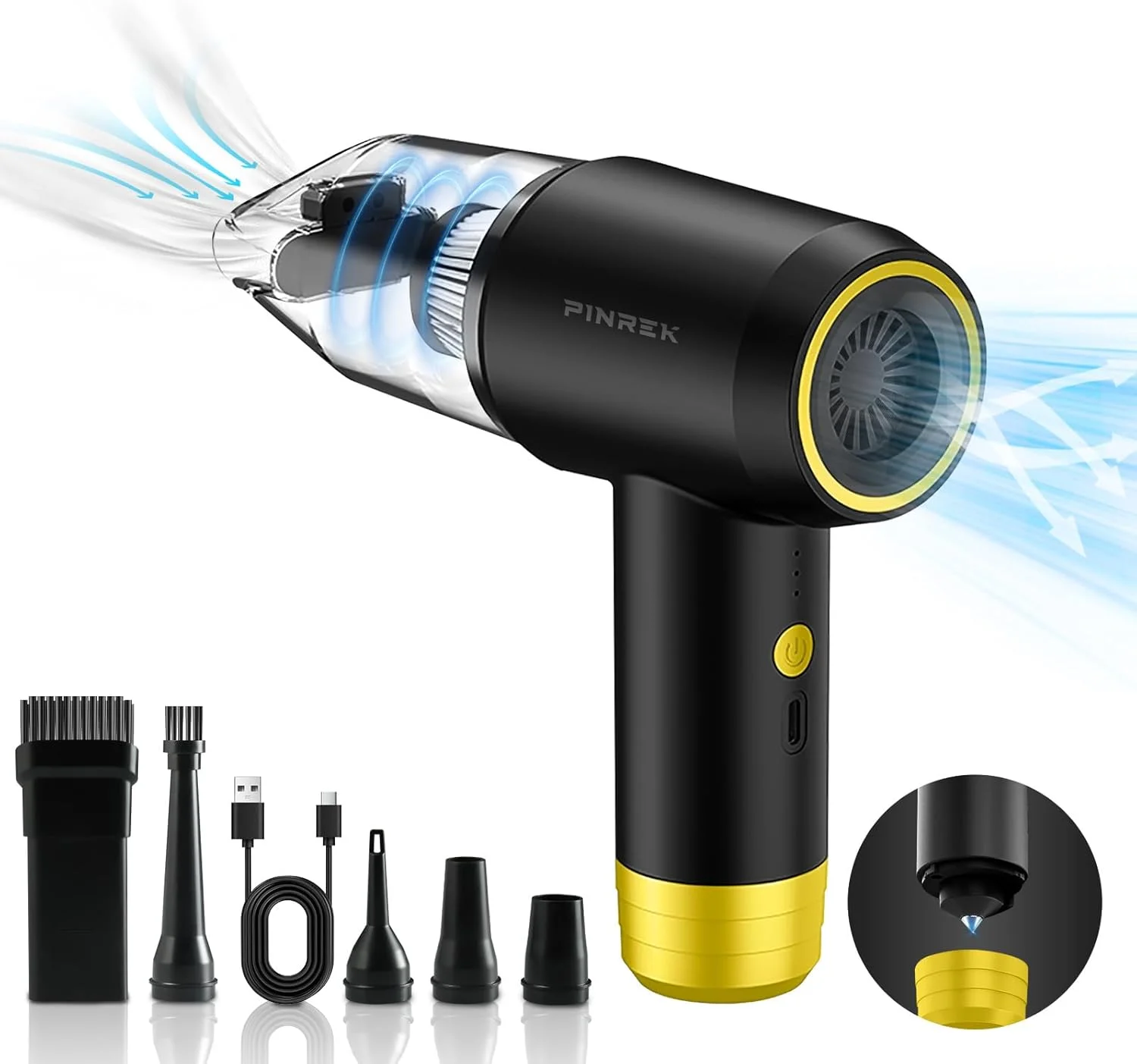 جاروبرقی کوچک خودرو PINREK مدل 6 در 1، جاروبرقی شارژی قابل حمل، دمنده گرد و غبار هوا با موتور براشلس، جاروبرقی دستی برقی 12000PA با قدرت بالا برای خودرو، خانه، مبل، فرش، تخت