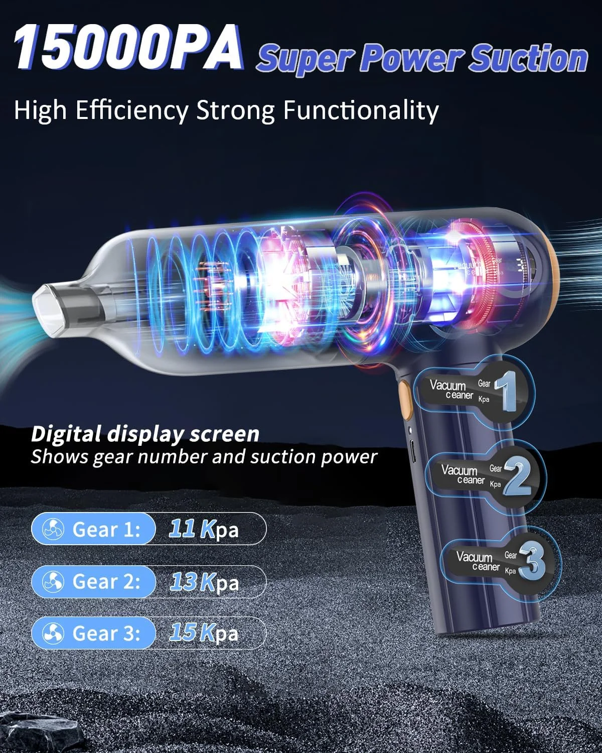 جاروبرقی دستی 4 در 1 خودرو Musclez، جاروبرقی قابل حمل 15000Pa با صفحه نمایش LED، مینی گردگیر شارژی برای تمیز کردن خودرو، خانه، دفتر (آبی+خاکستری)