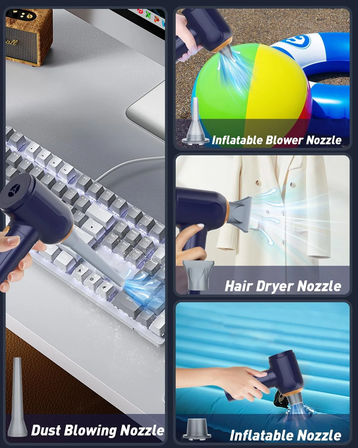 جاروبرقی دستی 4 در 1 خودرو Musclez، جاروبرقی قابل حمل 15000Pa با صفحه نمایش LED، مینی گردگیر شارژی برای تمیز کردن خودرو، خانه، دفتر (آبی+خاکستری)