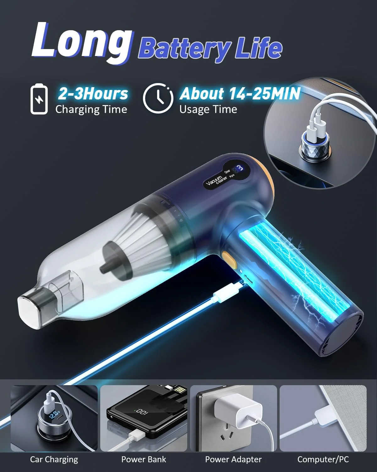 جاروبرقی دستی 4 در 1 خودرو Musclez، جاروبرقی قابل حمل 15000Pa با صفحه نمایش LED، مینی گردگیر شارژی برای تمیز کردن خودرو، خانه، دفتر (آبی+خاکستری)