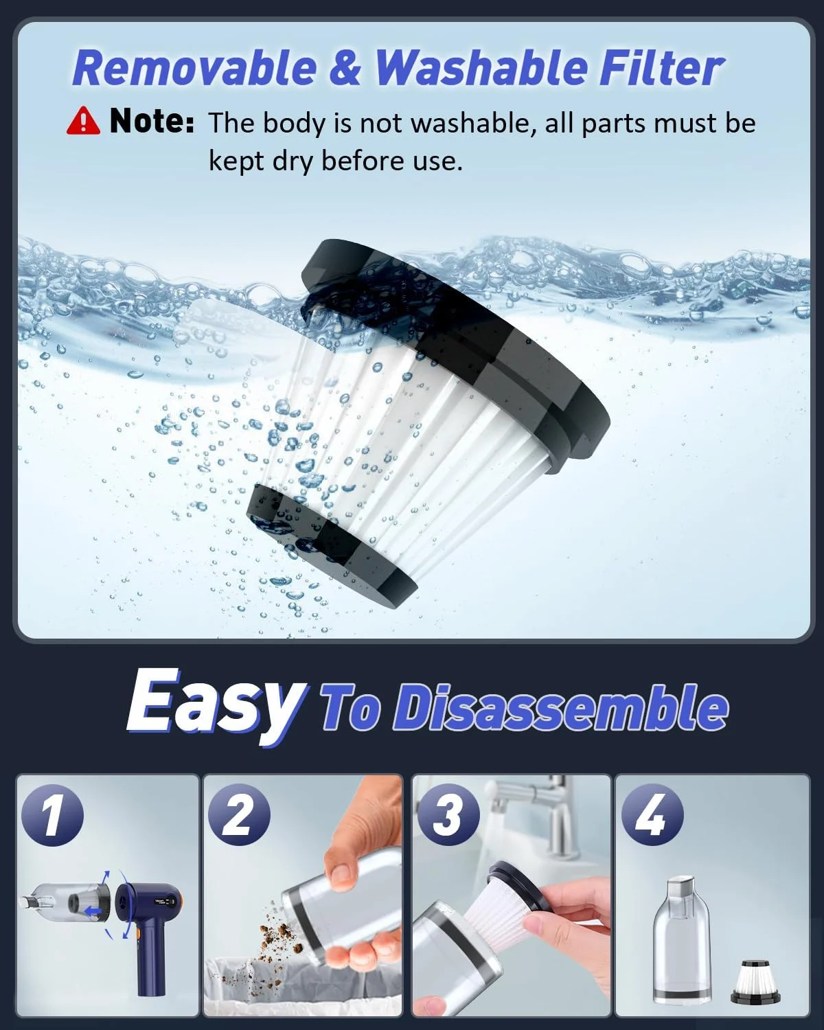 جاروبرقی دستی 4 در 1 خودرو Musclez، جاروبرقی قابل حمل 15000Pa با صفحه نمایش LED، مینی گردگیر شارژی برای تمیز کردن خودرو، خانه، دفتر (آبی+خاکستری)