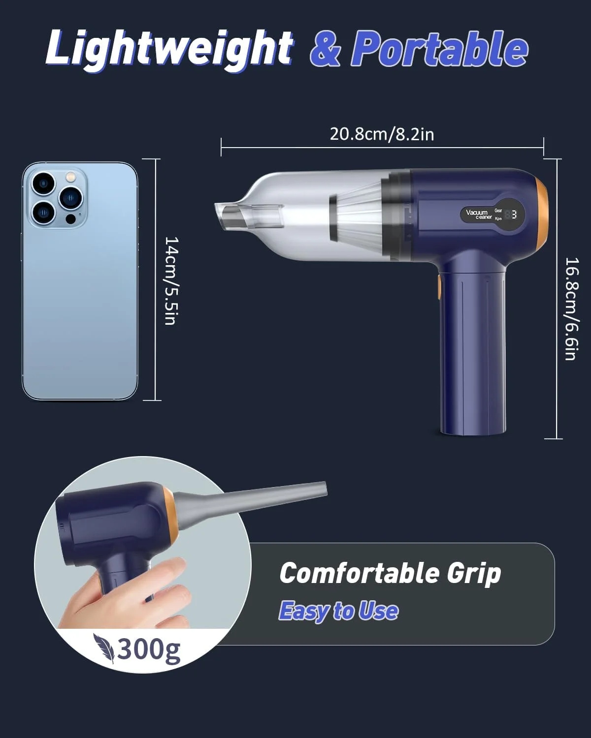 جاروبرقی دستی 4 در 1 خودرو Musclez، جاروبرقی قابل حمل 15000Pa با صفحه نمایش LED، مینی گردگیر شارژی برای تمیز کردن خودرو، خانه، دفتر (آبی+خاکستری)