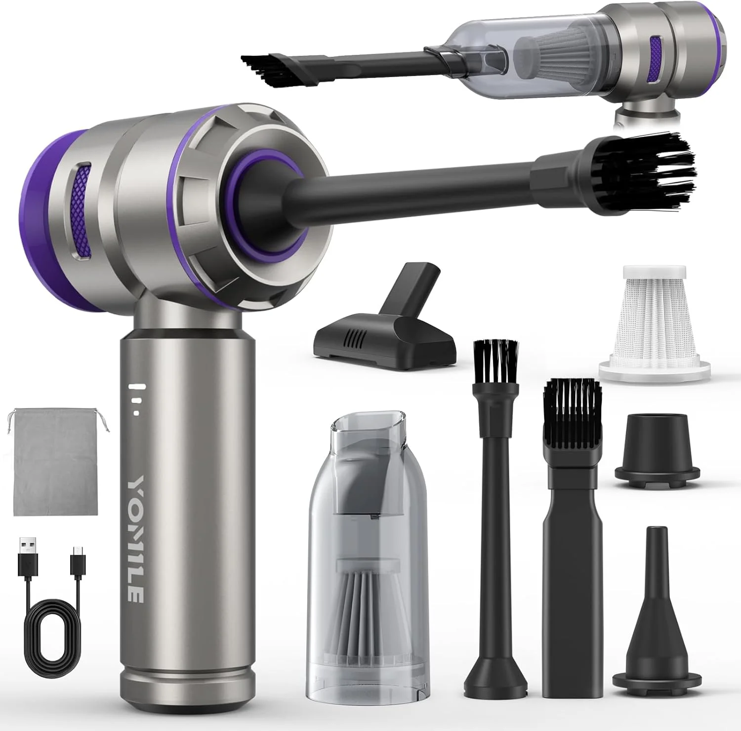 دَمنده هوای برقی یومیل - 2 در 1، دَمنده هوای بدون برس 210000 دور در دقیقه و جاروبرقی خودرو 21000PA، باتری 9000 میلی آمپر ساعت، دمنده هوا، جاروبرقی بی سیم دستی برای خودرو، دفتر و خانه