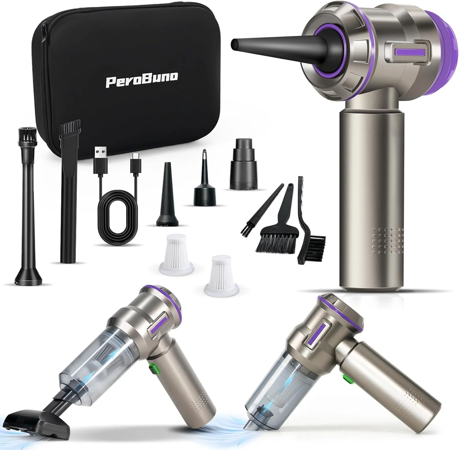دمنده هوای برقی PeroBuno، جاروبرقی کوچک بی سیم، 2 در 1، 200000 دور در دقیقه، 35 دقیقه زمان کار، دمنده شارژی بیرونی با 3 دنده برای تمیز کردن صفحه کلید کامپیوتر خودرو