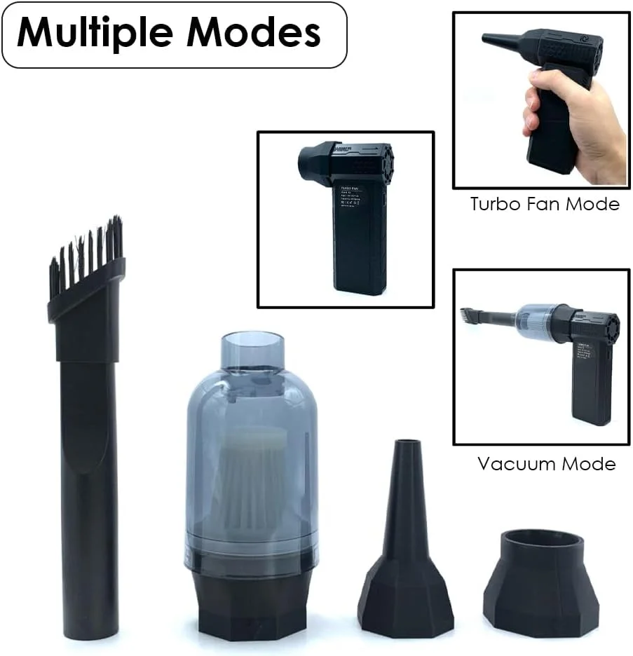فن توربو قابل حمل HEXAR® با کیت جاروبرقی، فن دمنده 140000 دور در دقیقه، فن دمنده کوچک باتری 6000 میلی آمپر ساعتی، تمیز کردن کارآمد با جاروبرقی برای ماشین، کامپیوتر، مبل، شارژ سریع Type C (کیت جاروبرقی)