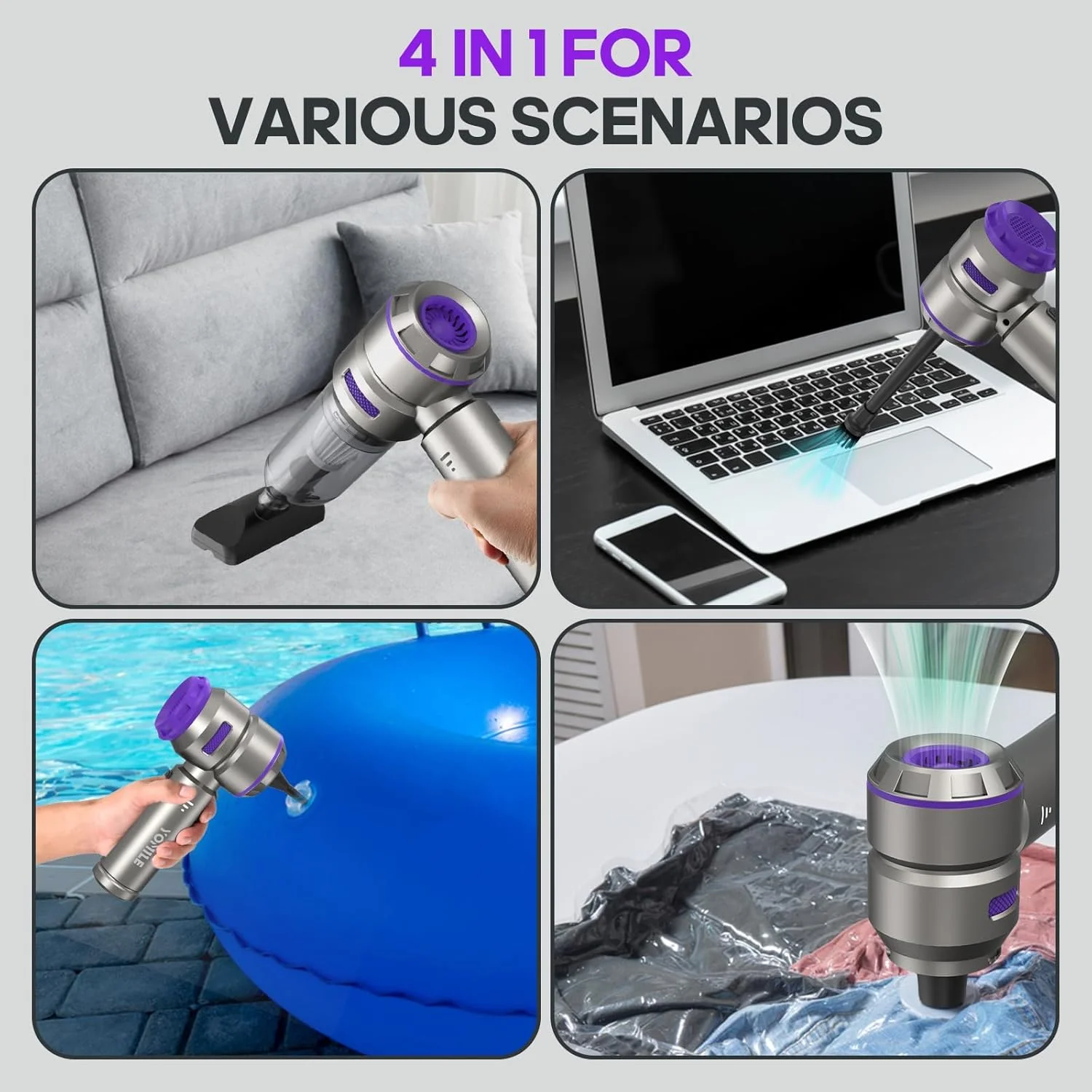 دَمنده هوای برقی یومیل - 2 در 1، دَمنده هوای بدون برس 210000 دور در دقیقه و جاروبرقی خودرو 21000PA، باتری 9000 میلی آمپر ساعت، دمنده هوا، جاروبرقی بی سیم دستی برای خودرو، دفتر و خانه