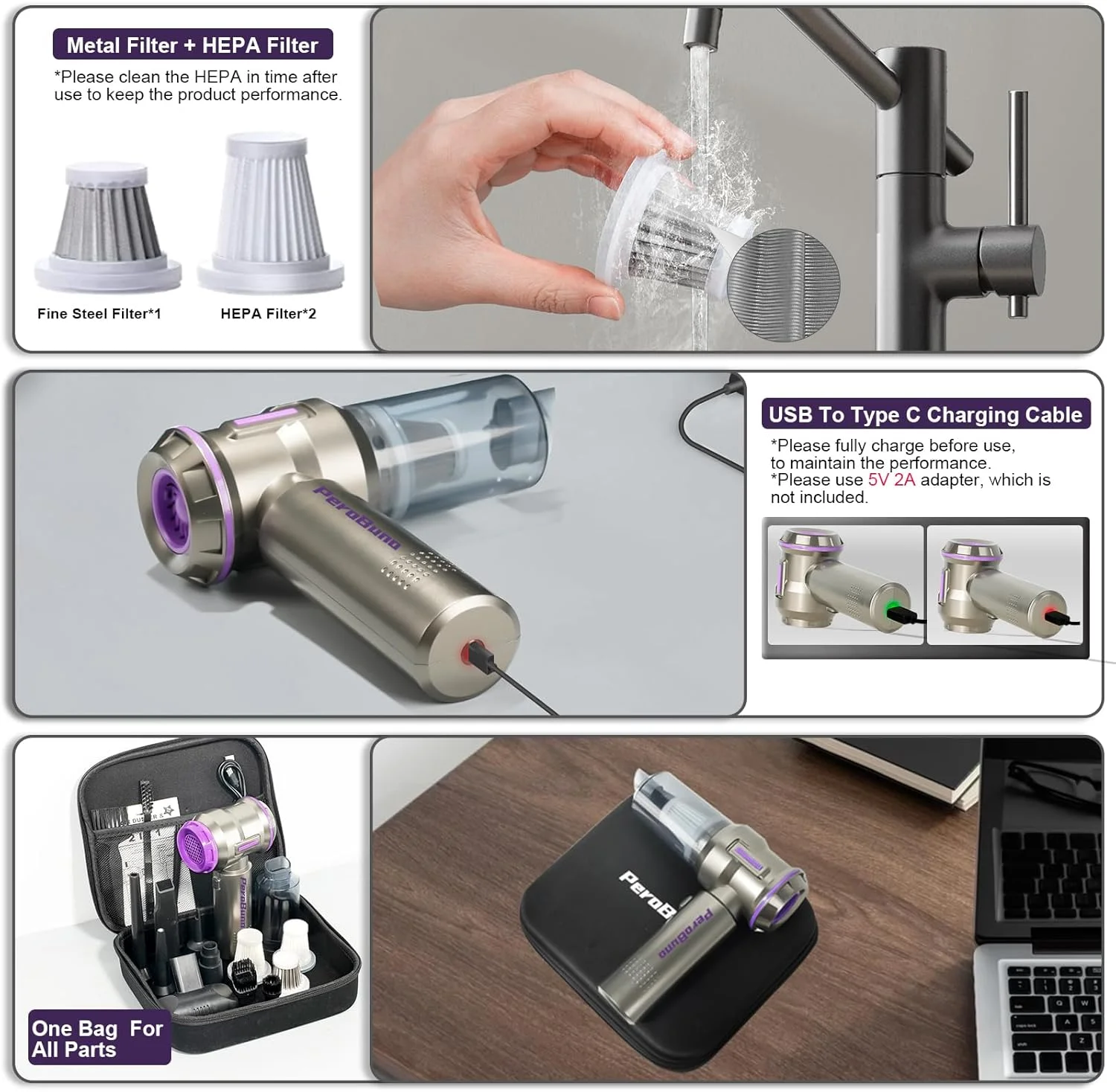 دمنده هوای برقی PeroBuno، جاروبرقی کوچک بی سیم، 2 در 1، 200000 دور در دقیقه، 35 دقیقه زمان کار، دمنده شارژی بیرونی با 3 دنده برای تمیز کردن صفحه کلید کامپیوتر خودرو