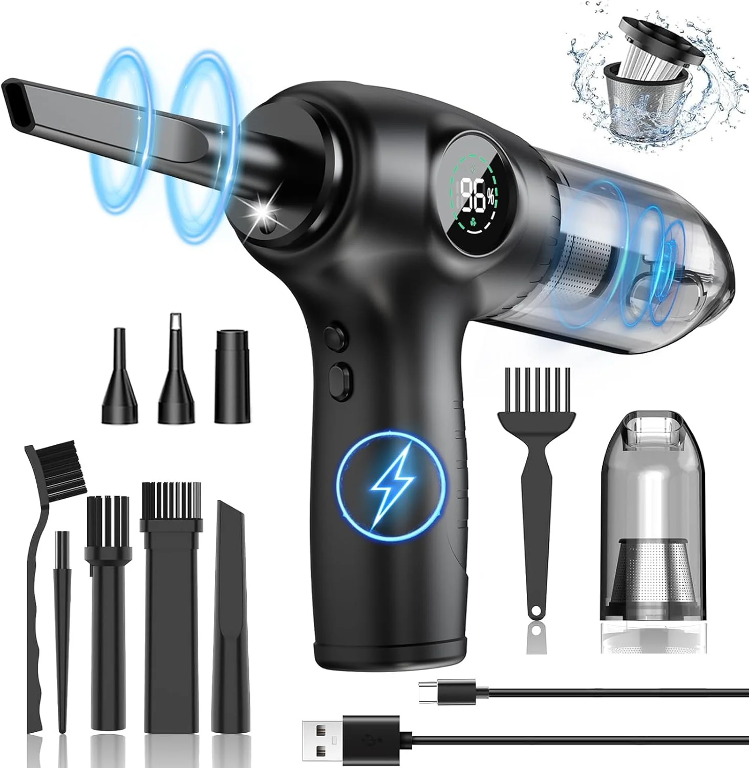 جاروبرقی دستی 2 در 1 و گردگیر هوای فشرده، جاروبرقی بی سیم قابل حمل برای خودرو، دمنده هوای برقی برای خانه، کامپیوتر، کیبورد، 3 حالت سرعت، 100000 دور در دقیقه، 6000 میلی آمپر ساعت