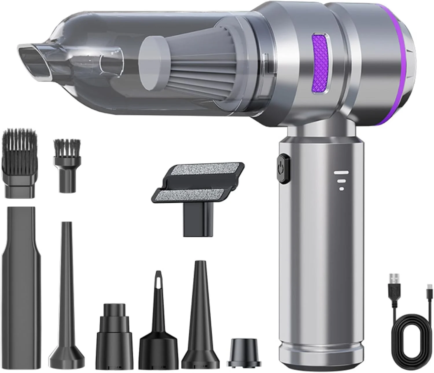 گردگیر هوای برقی XVersion 4-in-1، جاروبرقی خودرو، قدرت بالا - جاروبرقی، باد کردن، تخلیه باد و دمنده | جاروبرقی دستی بی سیم با 3 سرعت، نمایشگر باتری، Type-C | قابل حمل برای خودرو/خانه/کامپیوتر (نقره ای)