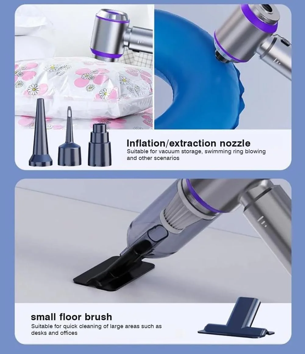 گردگیر هوای برقی XVersion 4-in-1، جاروبرقی خودرو، قدرت بالا - جاروبرقی، باد کردن، تخلیه باد و دمنده | جاروبرقی دستی بی سیم با 3 سرعت، نمایشگر باتری، Type-C | قابل حمل برای خودرو/خانه/کامپیوتر (نقره ای)