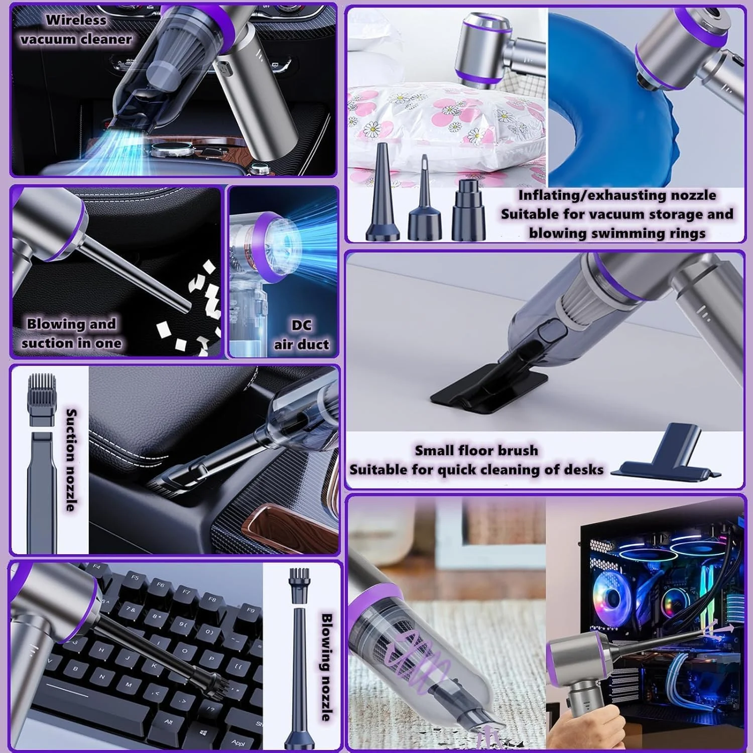 گردگیر هوای برقی XVersion 4-in-1، جاروبرقی خودرو، قدرت بالا - جاروبرقی، باد کردن، تخلیه باد و دمنده | جاروبرقی دستی بی سیم با 3 سرعت، نمایشگر باتری، Type-C | قابل حمل برای خودرو/خانه/کامپیوتر (نقره ای)