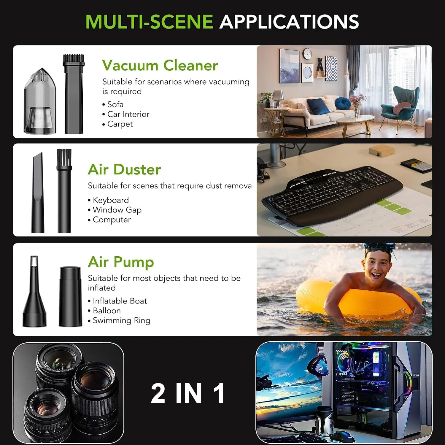 جاروبرقی دستی 2 در 1 و گردگیر هوای فشرده، جاروبرقی بی سیم قابل حمل برای خودرو، دمنده هوای برقی برای خانه، کامپیوتر، کیبورد، 3 حالت سرعت، 100000 دور در دقیقه، 6000 میلی آمپر ساعت