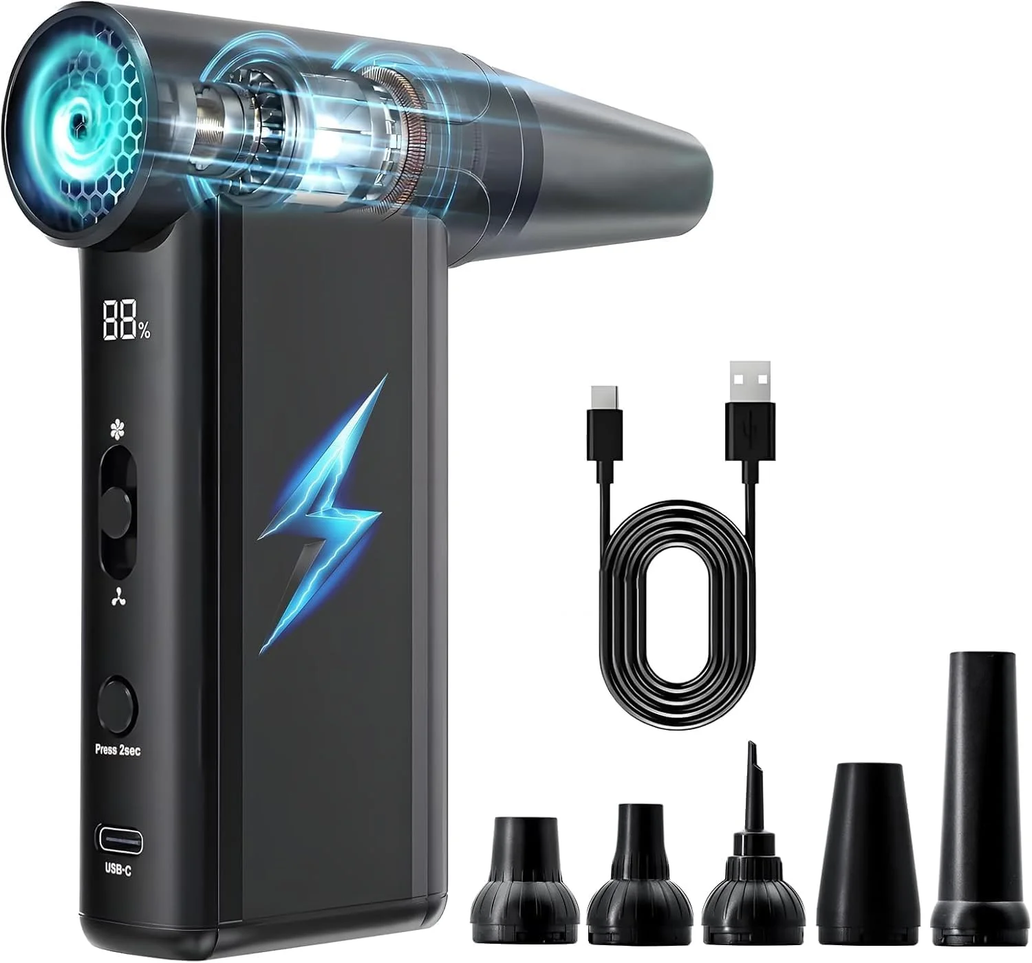 دمنده هوای بی سیم Bellivor با نمایشگر LED، فن توربو پرقدرت 130000 دور در دقیقه، دمنده هوای خشک جت قابل شارژ 5000 میلی آمپر ساعتی، 3 سرعته قابل تنظیم، دمنده گرد و غبار کوچک برای صفحه کلید، ماشین، فضای باز، مسافرت، استفاده خانگی