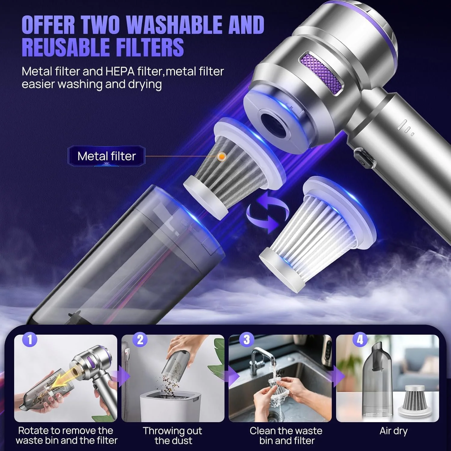 گردگیر هوای برقی XVersion 4-in-1، جاروبرقی خودرو، قدرت بالا - جاروبرقی، باد کردن، تخلیه باد و دمنده | جاروبرقی دستی بی سیم با 3 سرعت، نمایشگر باتری، Type-C | قابل حمل برای خودرو/خانه/کامپیوتر (نقره ای)