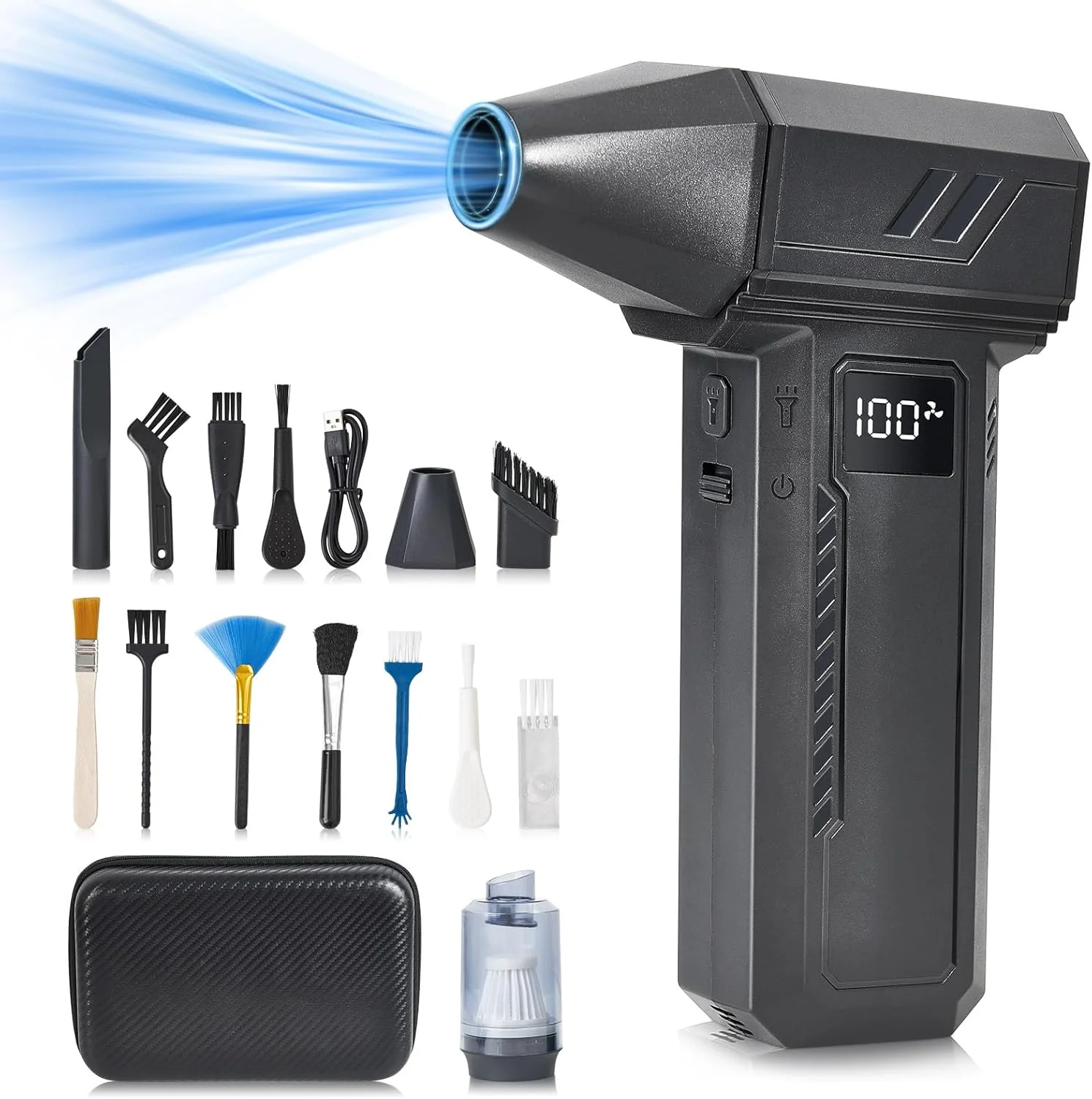 دمنده هوای فشرده و جاروبرقی برقی 2 در 1 پاسون - دمنده هوای پرقدرت 130000 دور در دقیقه با چراغ LED، تمیز کننده صفحه کلید قابل شارژ 100 دنده برای کامپیوتر، لپ تاپ، خانه، ماشین - مشکی