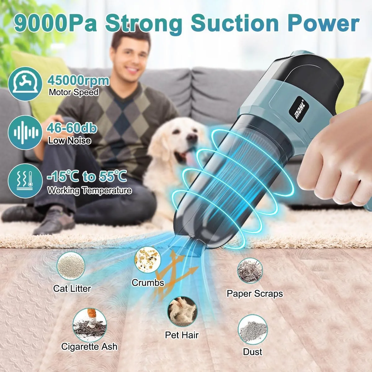 جاروبرقی دستی بی سیم 80 واتی، دمنده گرد و غبار خودرو، جاروبرقی خودکار، 5 نازل، مکش 9000 پاسکال، مکش/دمش، جاروبرقی کوچک بی سیم 4 در 1 قابل شارژ برای نظافت منزل، محل کار و حیوانات خانگی