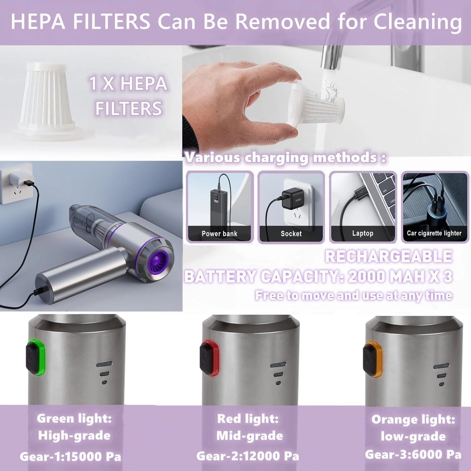 گردگیر هوای برقی XVersion 4-in-1، جاروبرقی خودرو، قدرت بالا - جاروبرقی، باد کردن، تخلیه باد و دمنده | جاروبرقی دستی بی سیم با 3 سرعت، نمایشگر باتری، Type-C | قابل حمل برای خودرو/خانه/کامپیوتر (نقره ای)