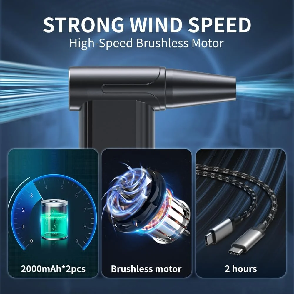 دمنده هوای بی سیم Bellivor با نمایشگر LED، فن توربو پرقدرت 130000 دور در دقیقه، دمنده هوای خشک جت قابل شارژ 5000 میلی آمپر ساعتی، 3 سرعته قابل تنظیم، دمنده گرد و غبار کوچک برای صفحه کلید، ماشین، فضای باز، مسافرت، استفاده خانگی