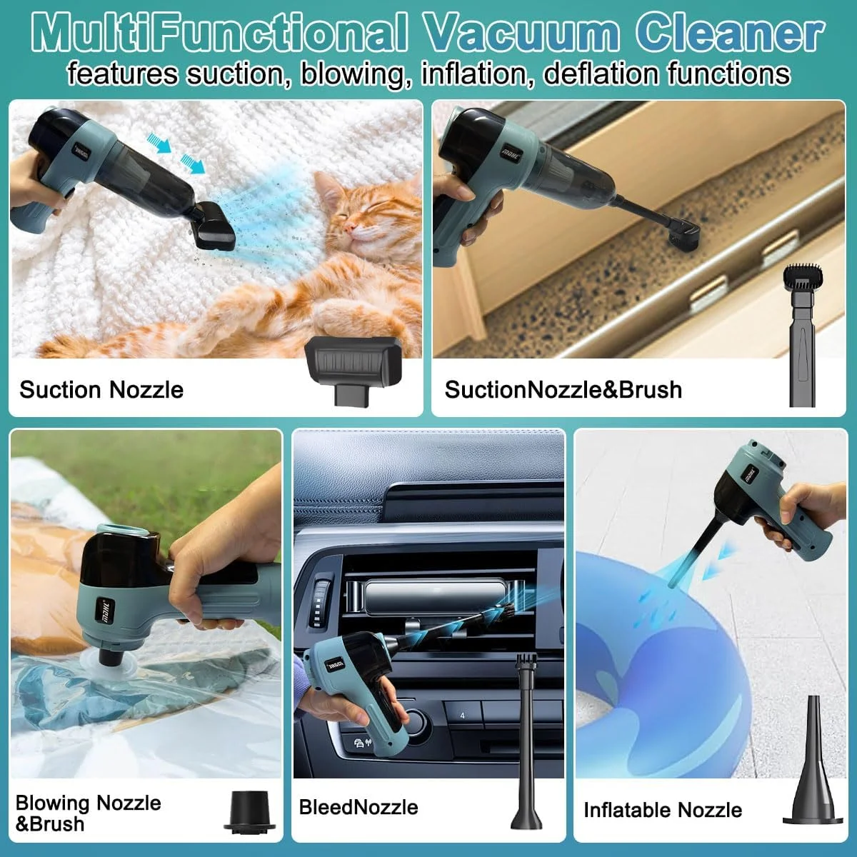 جاروبرقی دستی بی سیم 80 واتی، دمنده گرد و غبار خودرو، جاروبرقی خودکار، 5 نازل، مکش 9000 پاسکال، مکش/دمش، جاروبرقی کوچک بی سیم 4 در 1 قابل شارژ برای نظافت منزل، محل کار و حیوانات خانگی