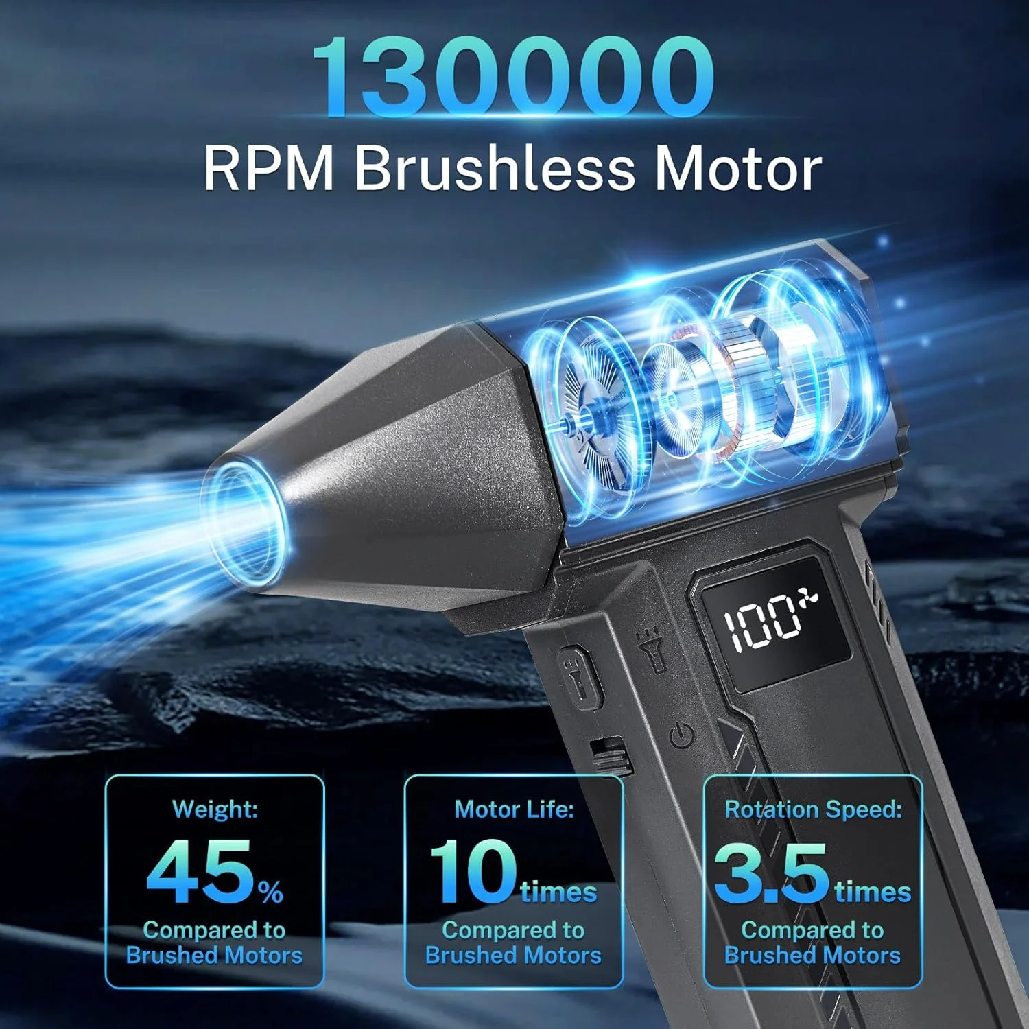 دمنده هوای فشرده و جاروبرقی برقی 2 در 1 پاسون - دمنده هوای پرقدرت 130000 دور در دقیقه با چراغ LED، تمیز کننده صفحه کلید قابل شارژ 100 دنده برای کامپیوتر، لپ تاپ، خانه، ماشین - مشکی