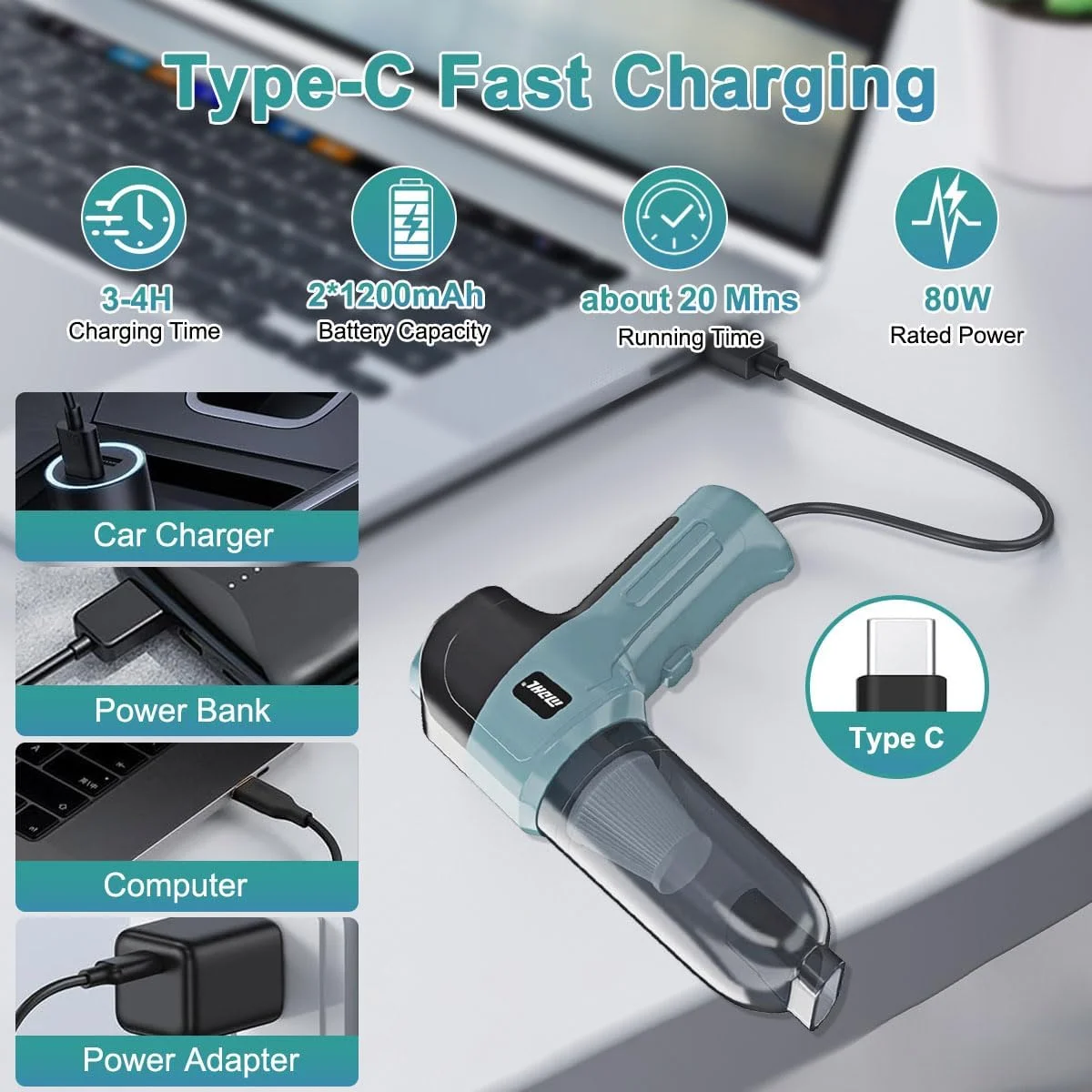 جاروبرقی دستی بی سیم 80 واتی، دمنده گرد و غبار خودرو، جاروبرقی خودکار، 5 نازل، مکش 9000 پاسکال، مکش/دمش، جاروبرقی کوچک بی سیم 4 در 1 قابل شارژ برای نظافت منزل، محل کار و حیوانات خانگی