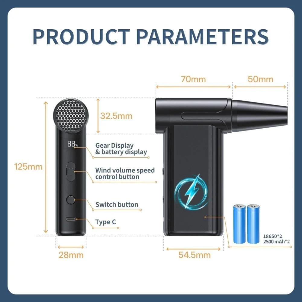 دمنده هوای بی سیم Bellivor با نمایشگر LED، فن توربو پرقدرت 130000 دور در دقیقه، دمنده هوای خشک جت قابل شارژ 5000 میلی آمپر ساعتی، 3 سرعته قابل تنظیم، دمنده گرد و غبار کوچک برای صفحه کلید، ماشین، فضای باز، مسافرت، استفاده خانگی