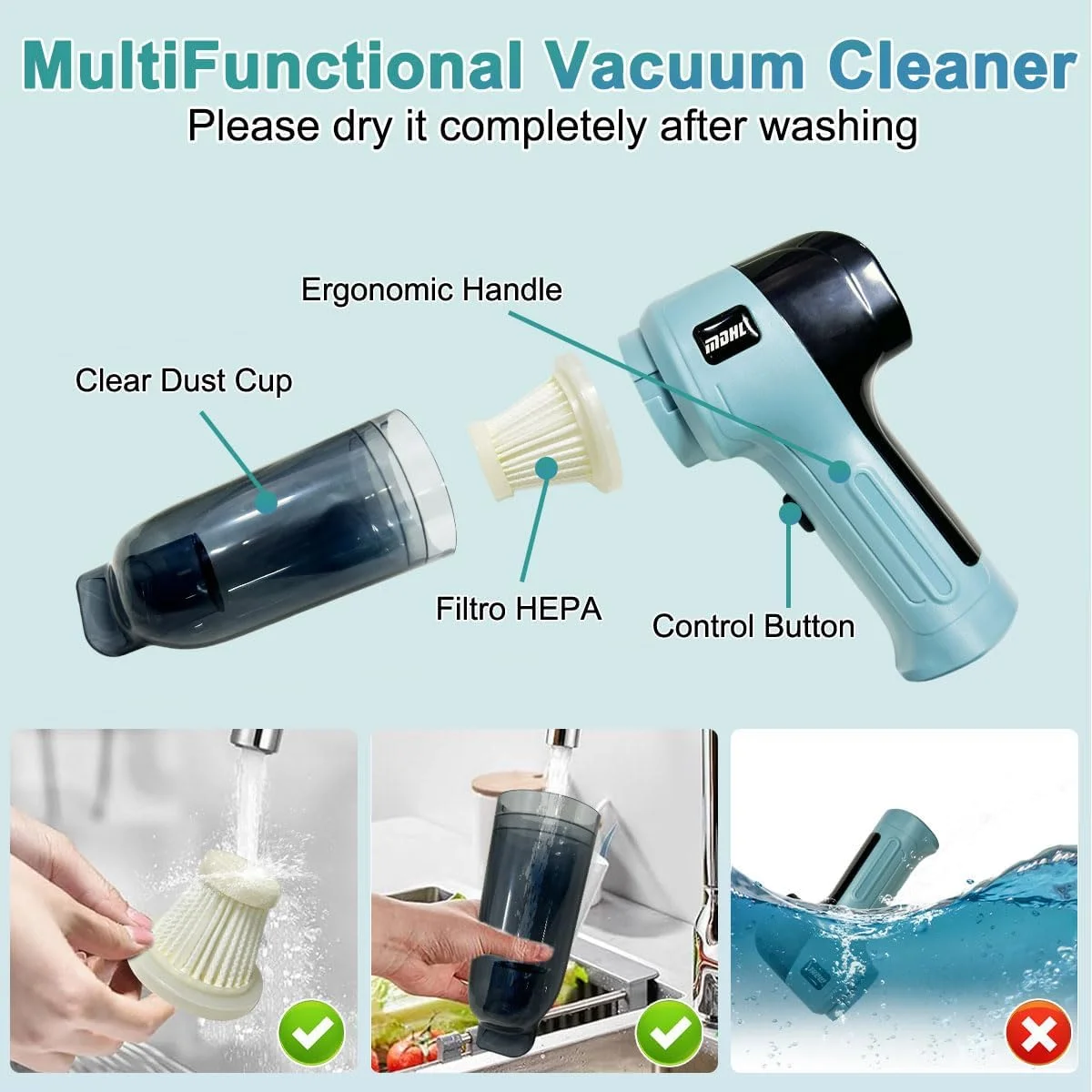 جاروبرقی دستی بی سیم 80 واتی، دمنده گرد و غبار خودرو، جاروبرقی خودکار، 5 نازل، مکش 9000 پاسکال، مکش/دمش، جاروبرقی کوچک بی سیم 4 در 1 قابل شارژ برای نظافت منزل، محل کار و حیوانات خانگی