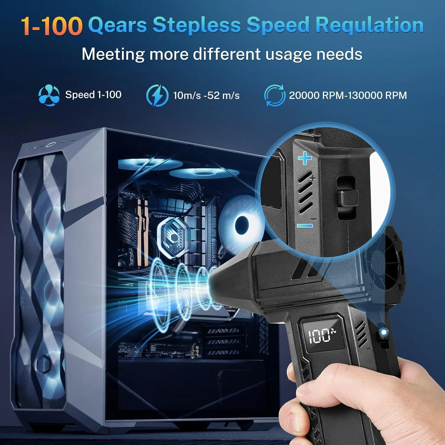 دمنده هوای فشرده و جاروبرقی برقی 2 در 1 پاسون - دمنده هوای پرقدرت 130000 دور در دقیقه با چراغ LED، تمیز کننده صفحه کلید قابل شارژ 100 دنده برای کامپیوتر، لپ تاپ، خانه، ماشین - مشکی