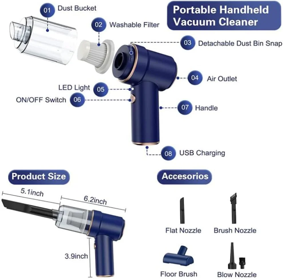 جاروبرقی خودرو TDOO، بدون سیم، جاروبرقی دستی قابل حمل، دمنده هوای قدرتمند 9000PA/120W، مکش و دمیدن 2 در 1، با چراغ LED برای خودرو/خانه/دفتر/حیوان خانگی، قابل شارژ USB